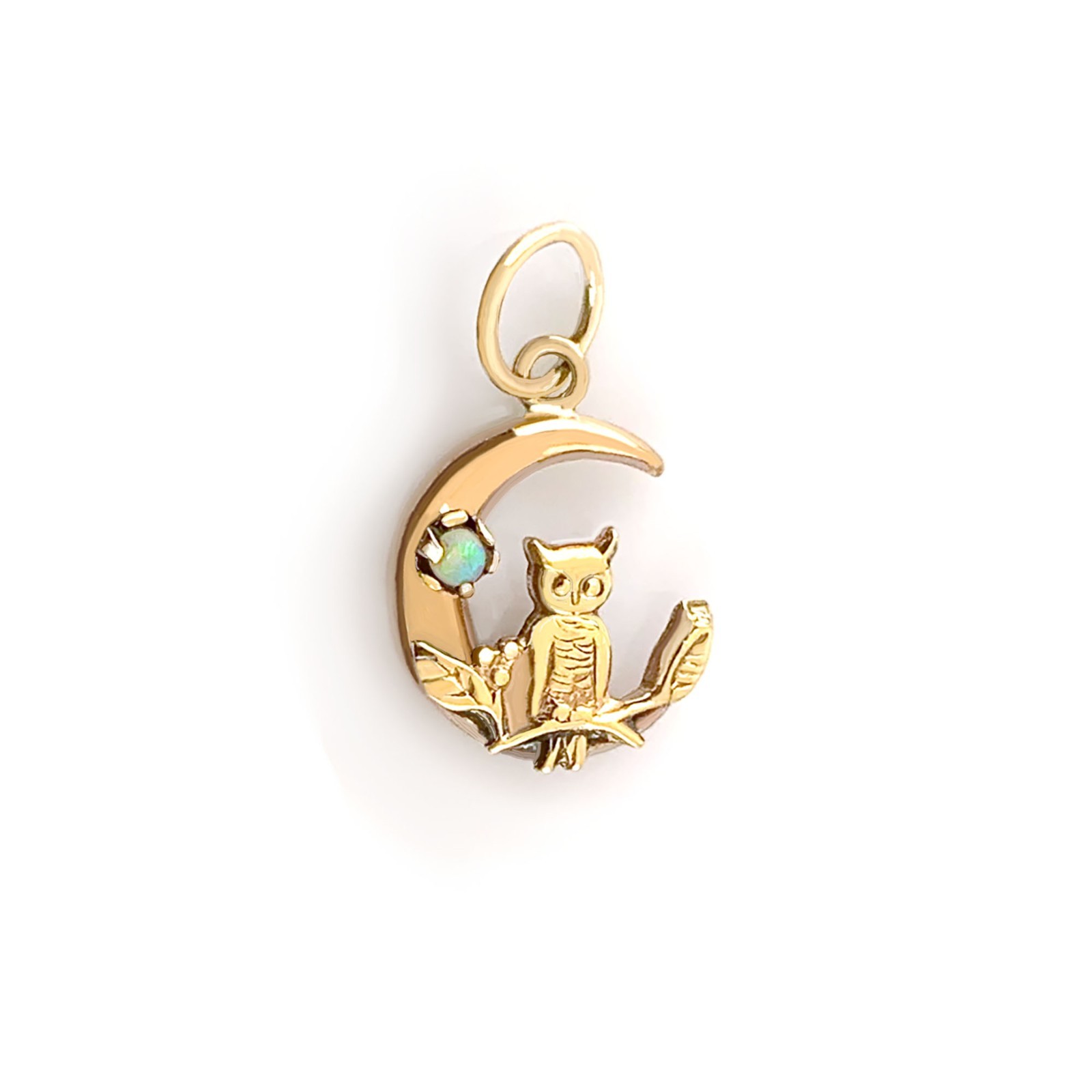 Victorian Owl and Opal Crescent Moon Pendant, Antique Gold Charm