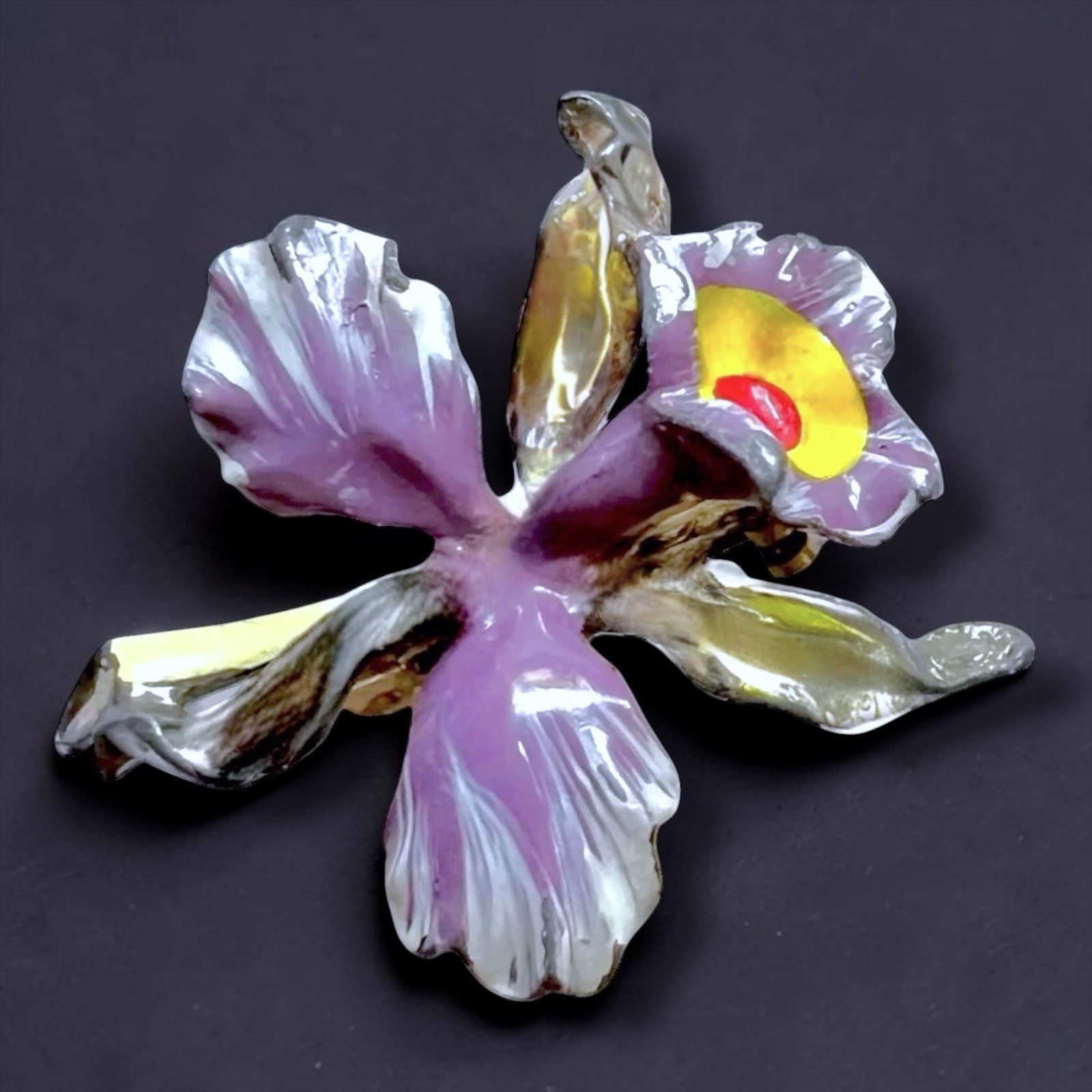 Enamel Flower Brooch Orchid Purple Silver Tone Small Vintage