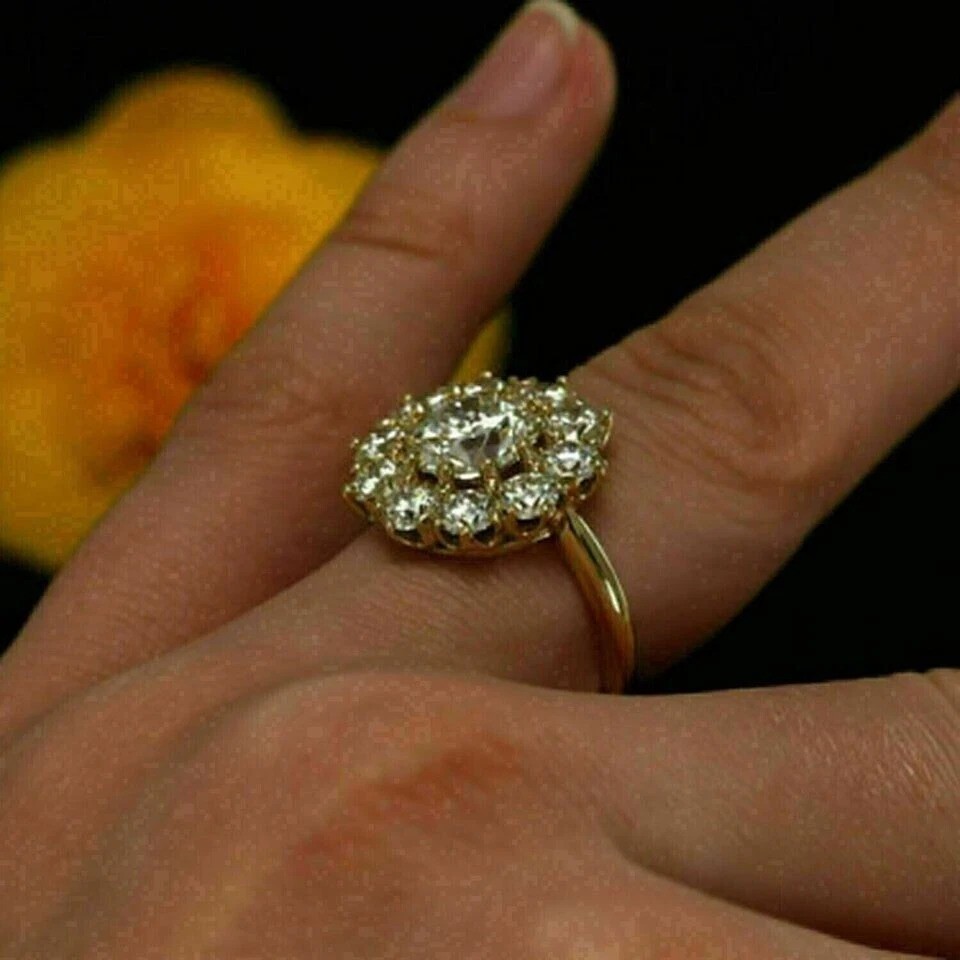 3.25Ct Round Lab Created Diamond Cluster Engagement Wedding 14K Gold Finish Ring