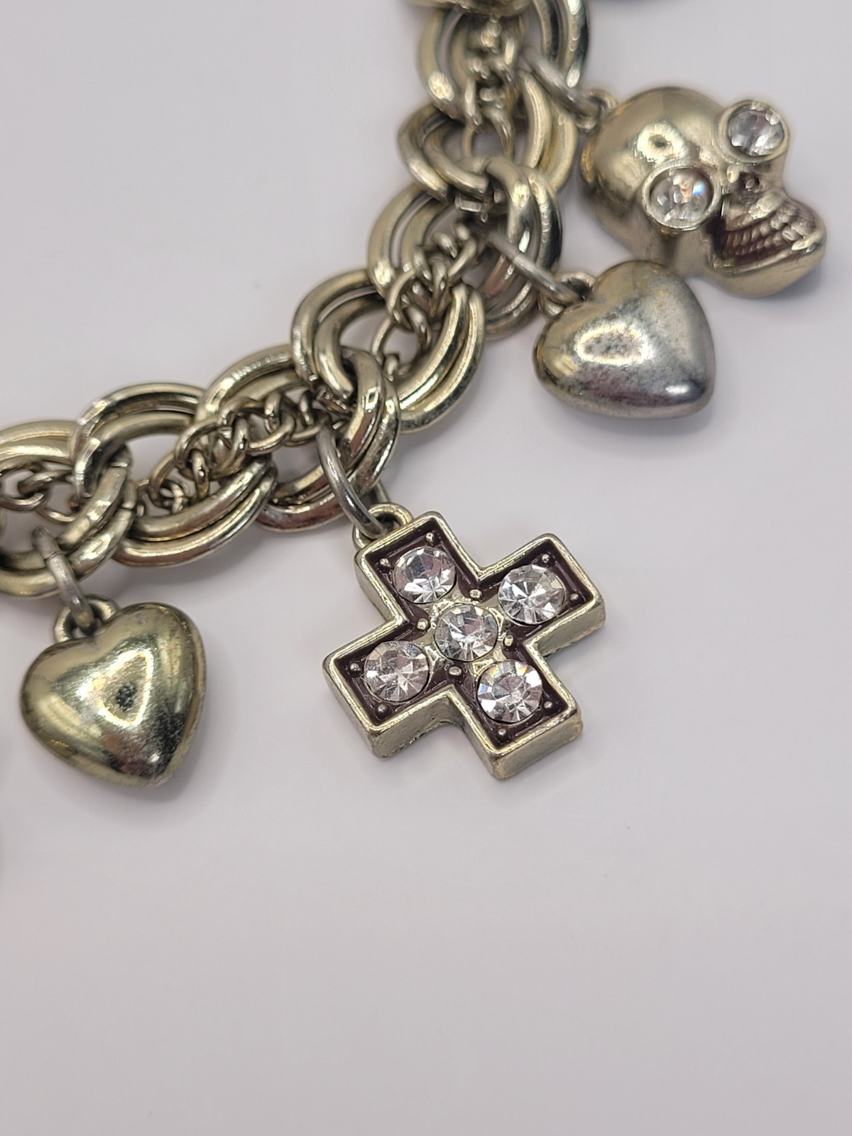 Punk Retro Gwen Skulls Hearts Crosses Charm Necklace Gold Tone Crystals 18″