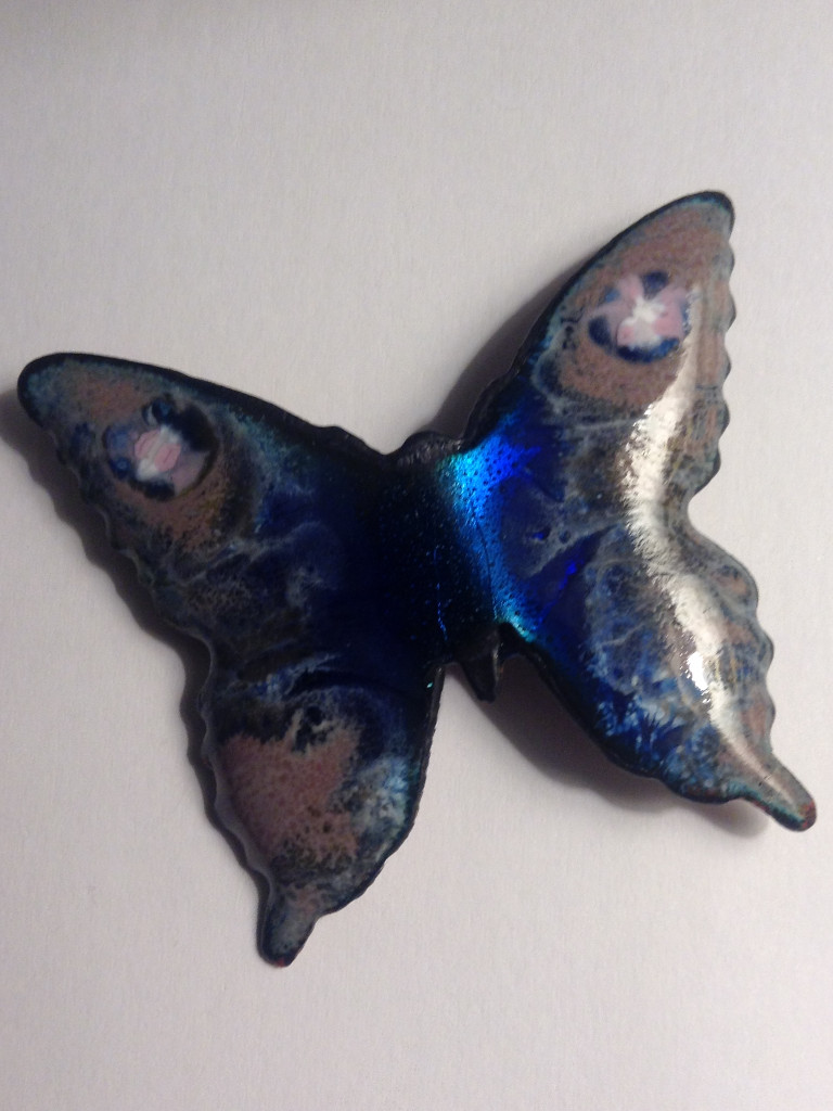 Hand made enamel iridescent blue brooch violet, and mauve butterfly