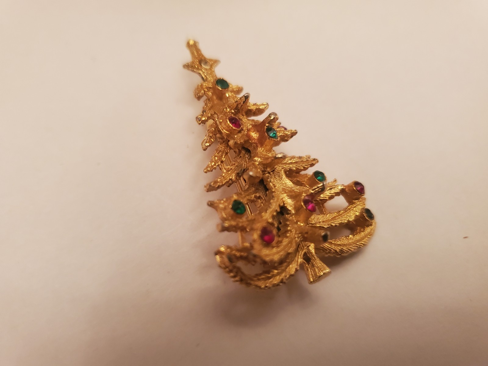 Vintage Holiday Tree Brooch Features Textured Gold-Tone Finish Decorated With…
