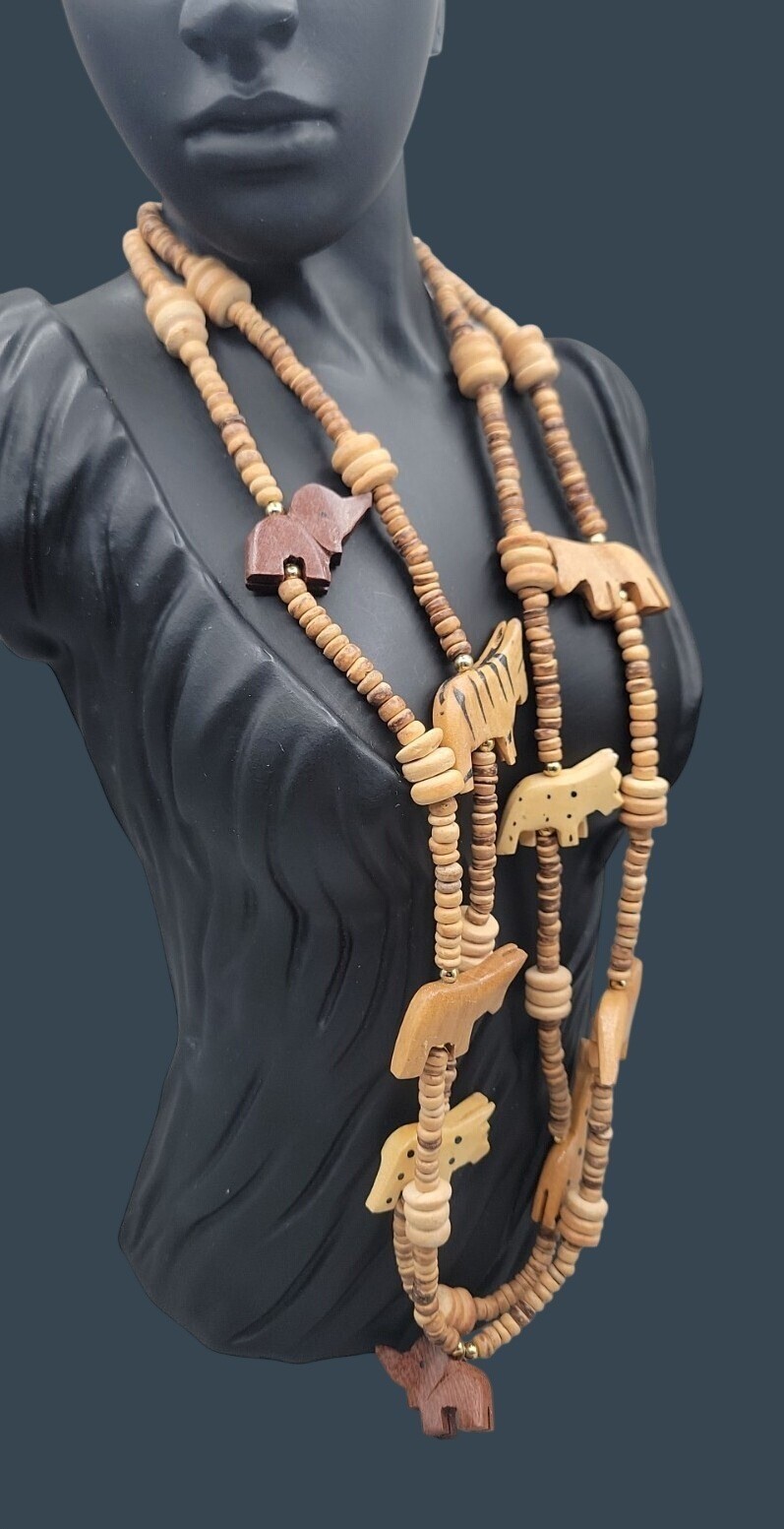 Vintage Double Strand Hand Carved Wooden Safari Animal 16″ Statement Necklace