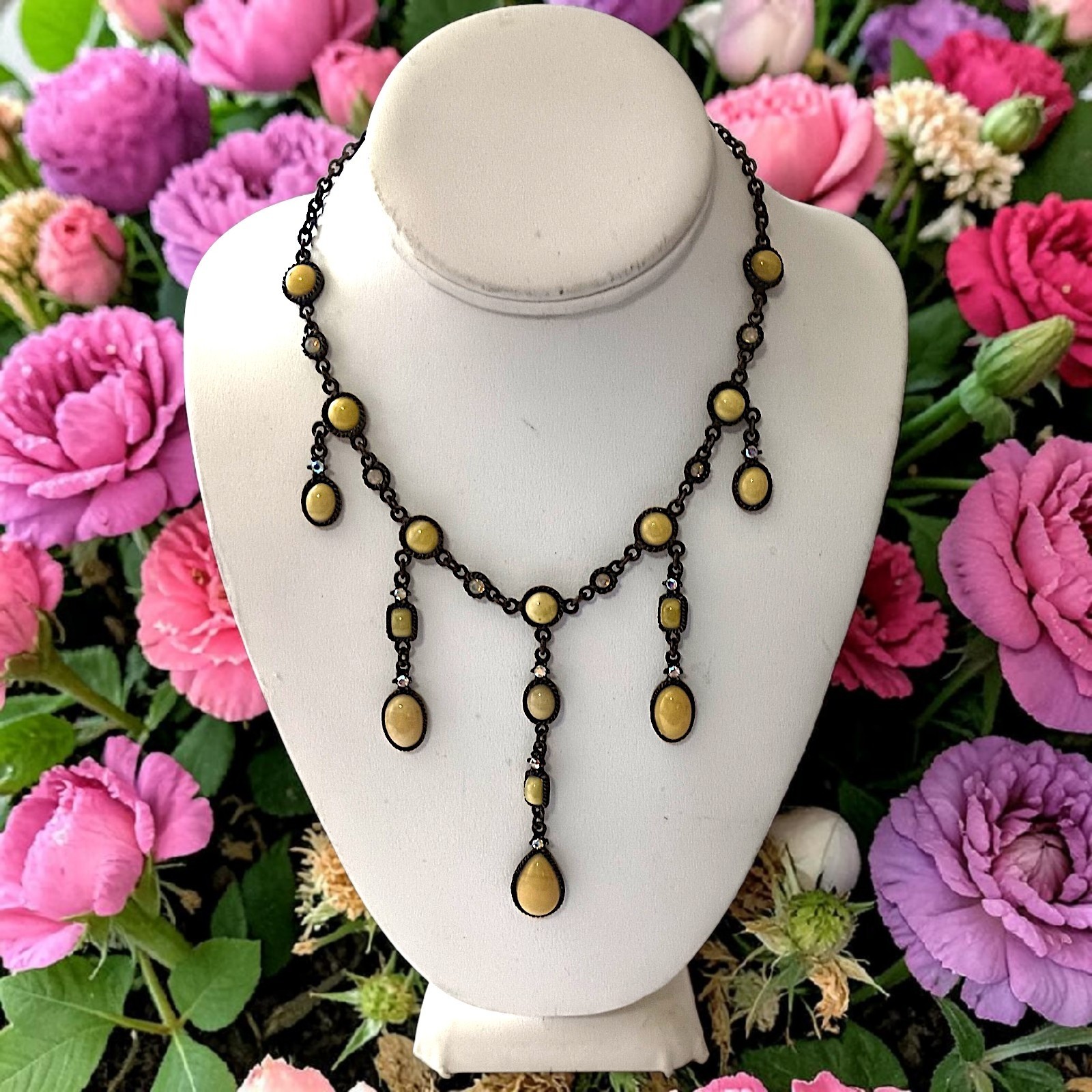 Vtg 90s Chandelier Bib Necklace Statement Egg Yolk Cabochon Art Nouveau Collar