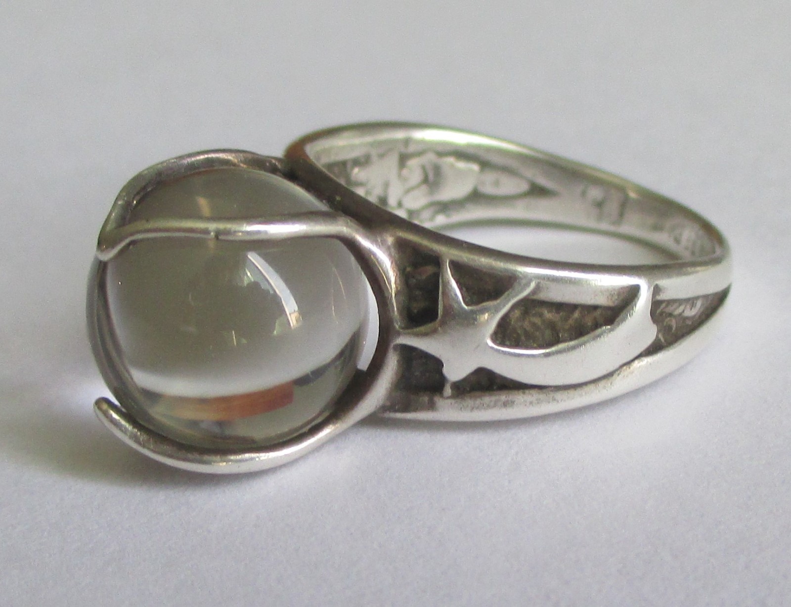 Sz 6.75 VINTAGE STERLING SILVER ROCK CRYSTAL POOLS OF LIGHT STAR RING