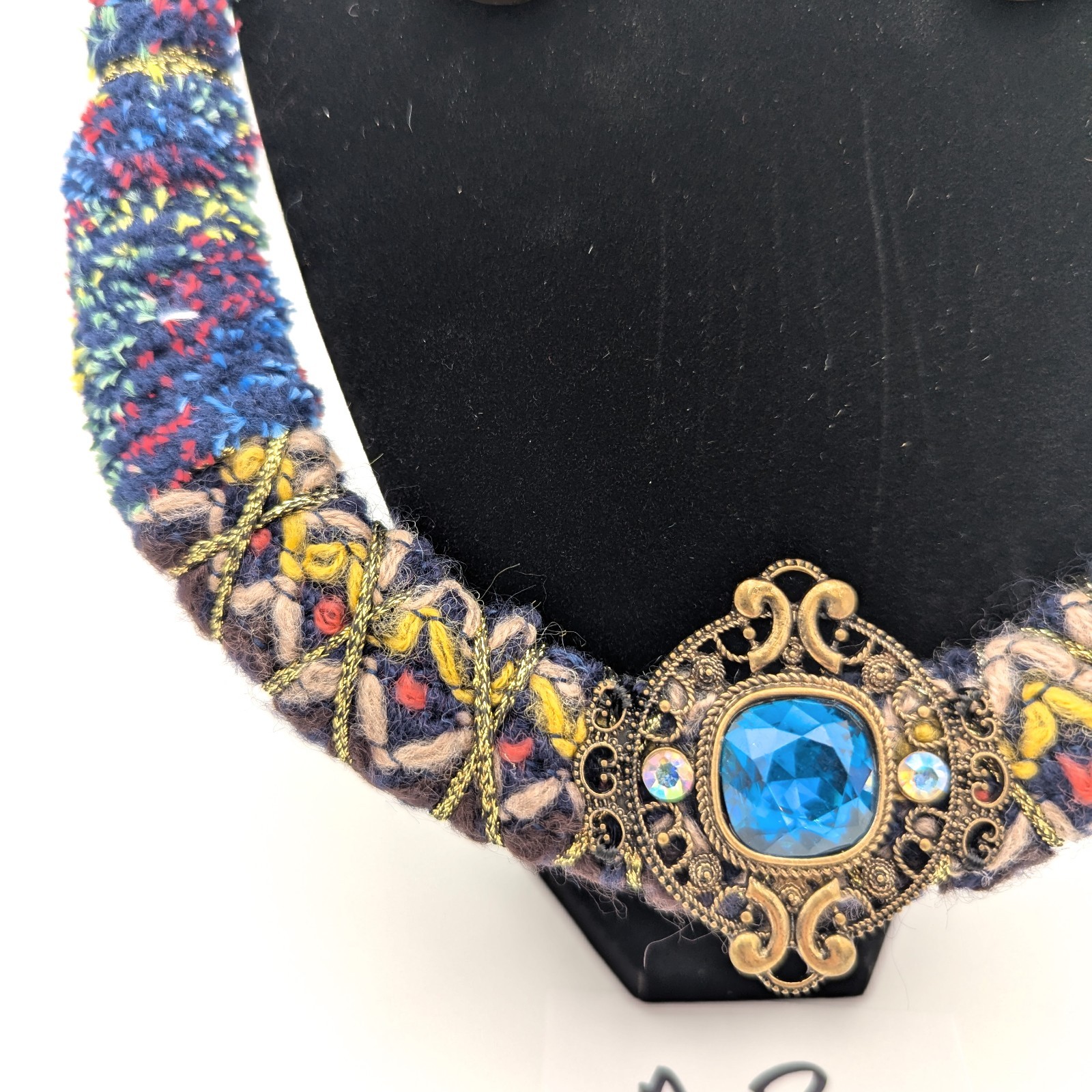 Vintage Victorian Revival Necklace Handmade Fiber Macrame Rhinestone Jewel Stud