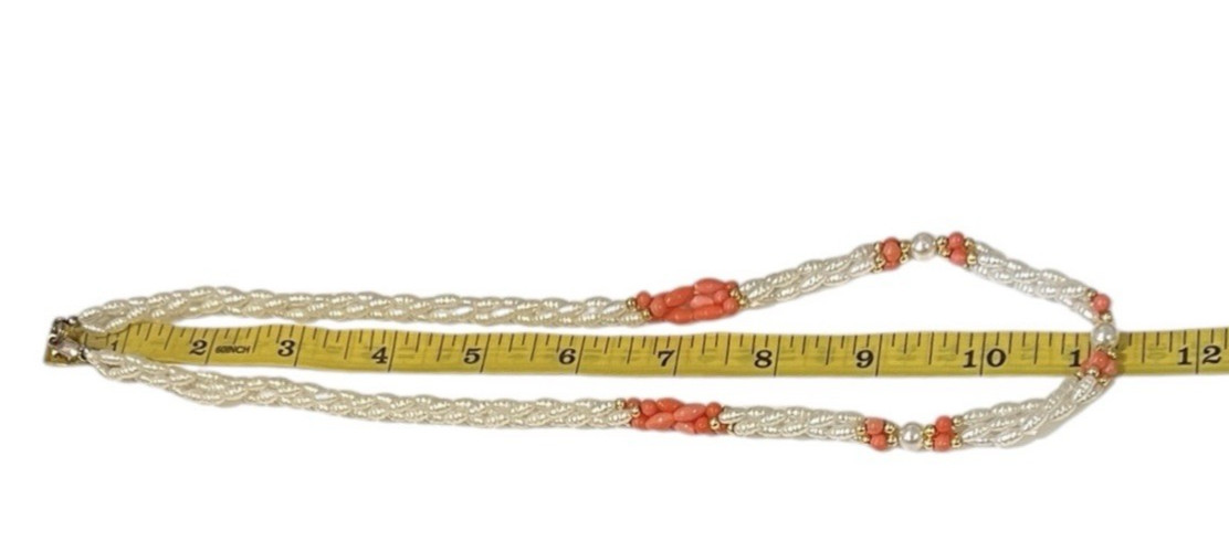 VTG Mother of Pearl Salmon Coral Necklace Triple Twisted Rope 22 Inches