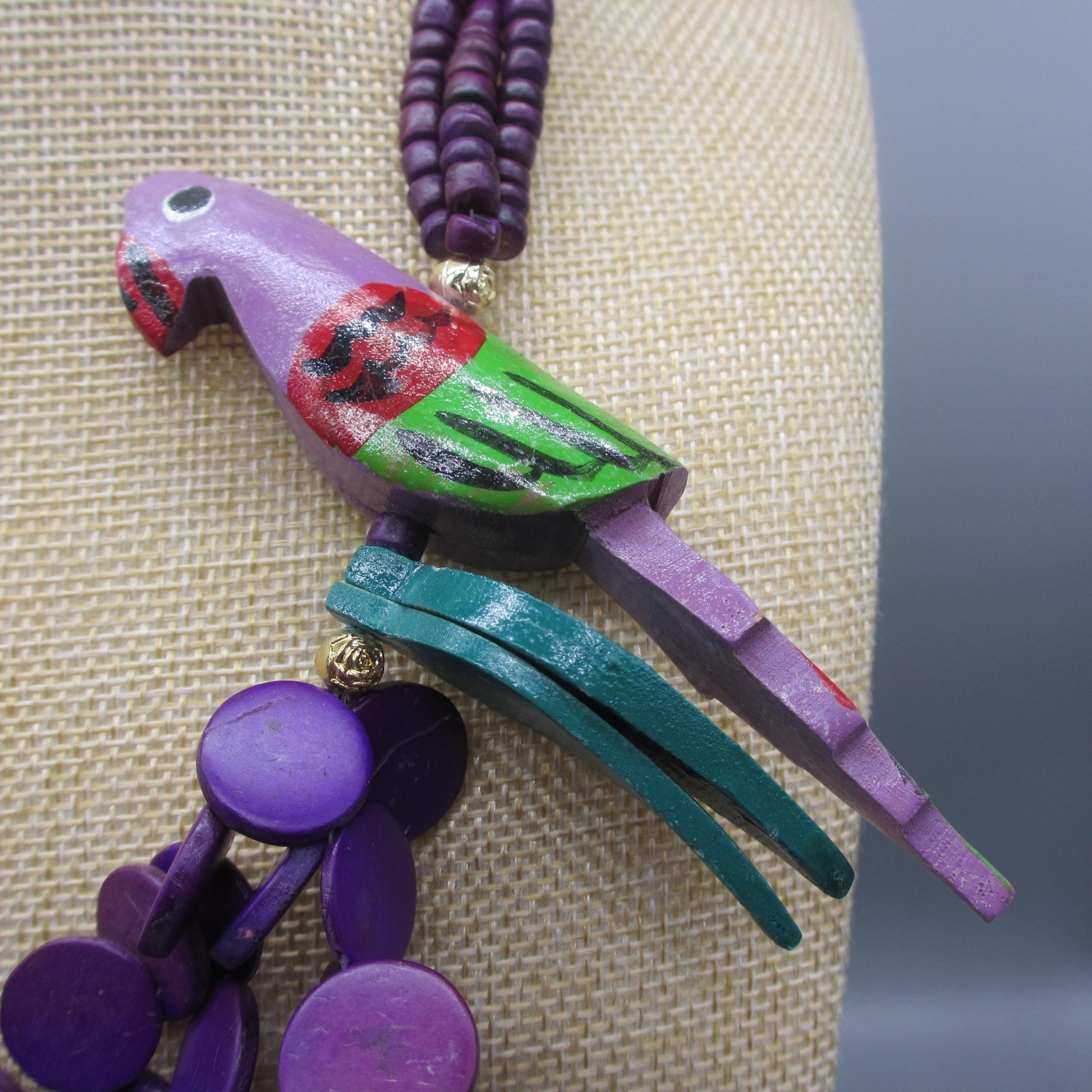 Vintage Parrot Necklace Wood Purple Discs Layered Bead Tropical Beachy 22 Inch