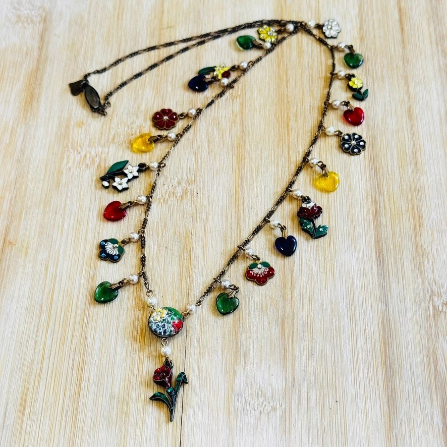 VTG Glass Works Studio Charm Necklace Crystal Enamel Heart Pansy Flower Long