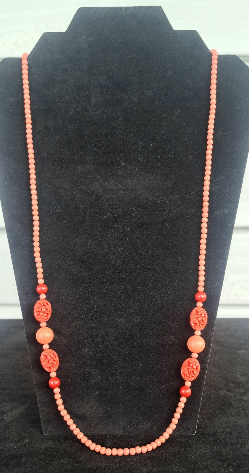 Vintage 30″ Faux Coral Necklace Pink Peach Salmon Color—Art Deco Nouveau MCM
