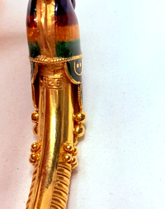 Antique 22k Yellow Gold Red Green Enamel Peacock Bangle Bracelet