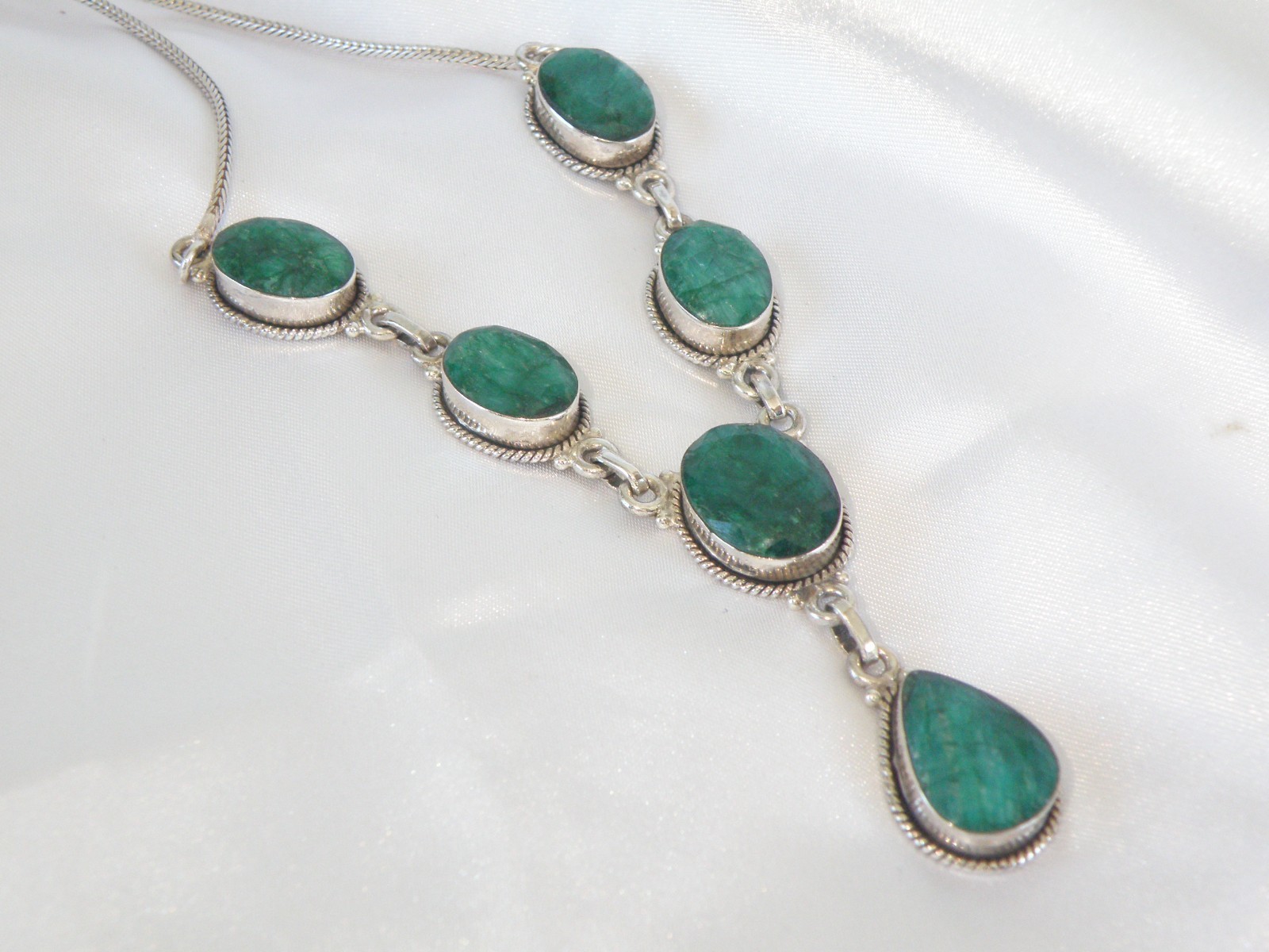 Vintage Sterling Silver 925 Large Natural Raw Emerald Statement Necklace 19″
