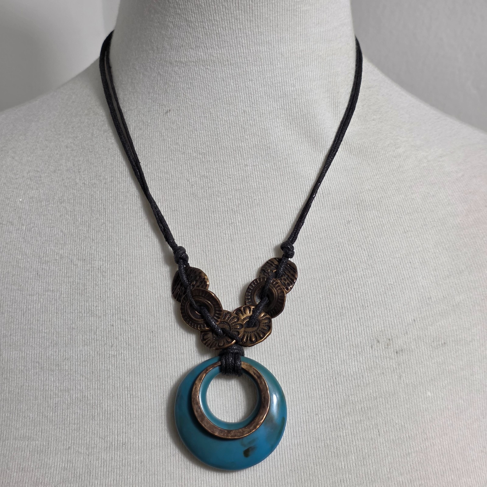 Coldwater Creek Multi-Layered Pendant Necklace Teal Resin Ring Bronze Discs