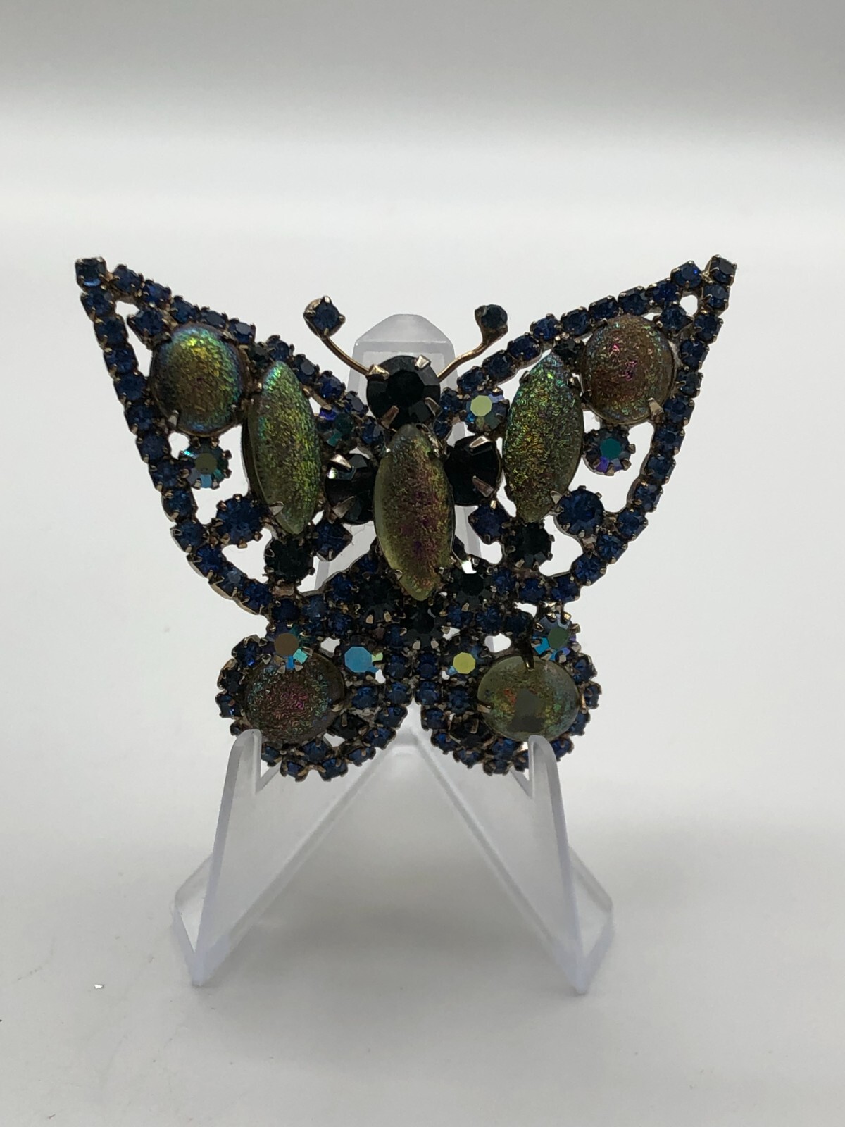 VTG Butterfly Brooch Blue & Glitter Rhinestones Estate ~AS IS~ Carnegie? Weiss??
