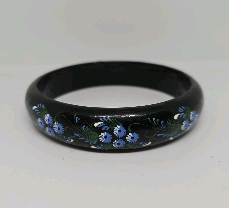 Bangle Wood Painted with White Purple Flowers Green Leaves Boho