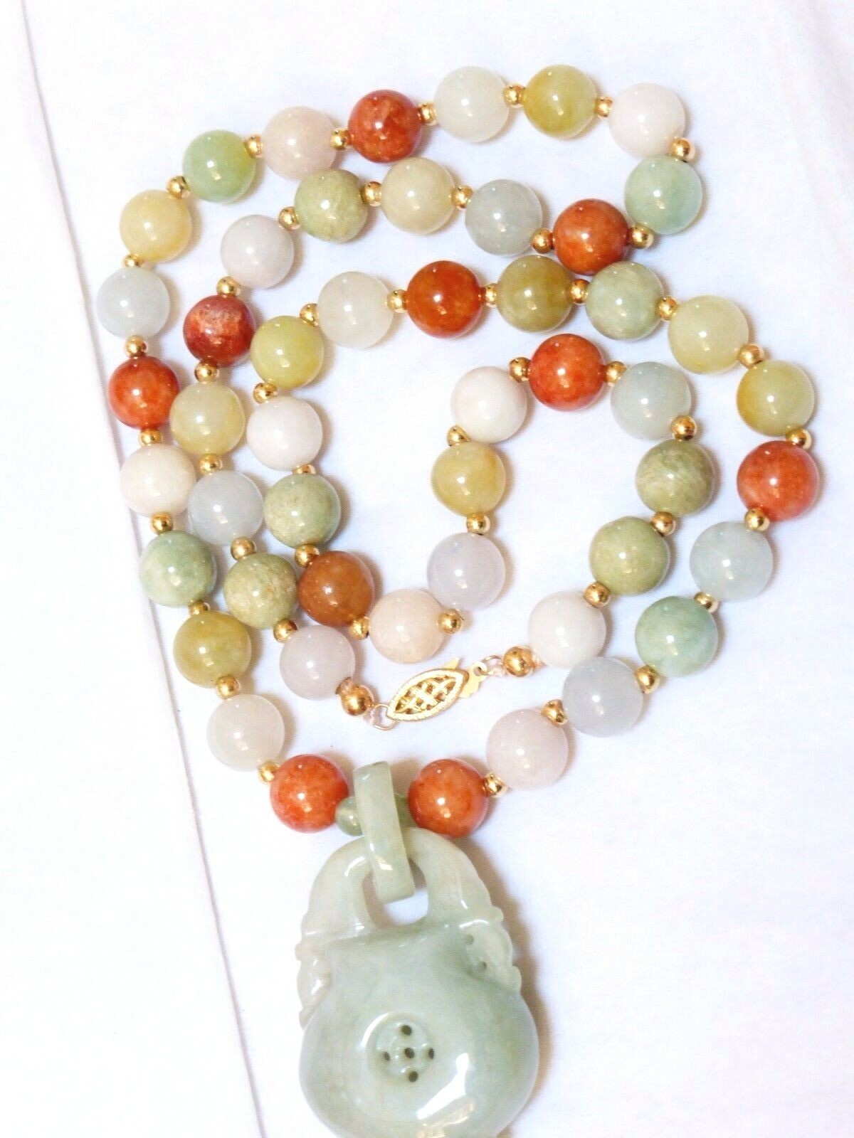 Vintage Chinese 14K GOLD Multi-Color Jade 9mm Beads Necklace Pendant, 22″