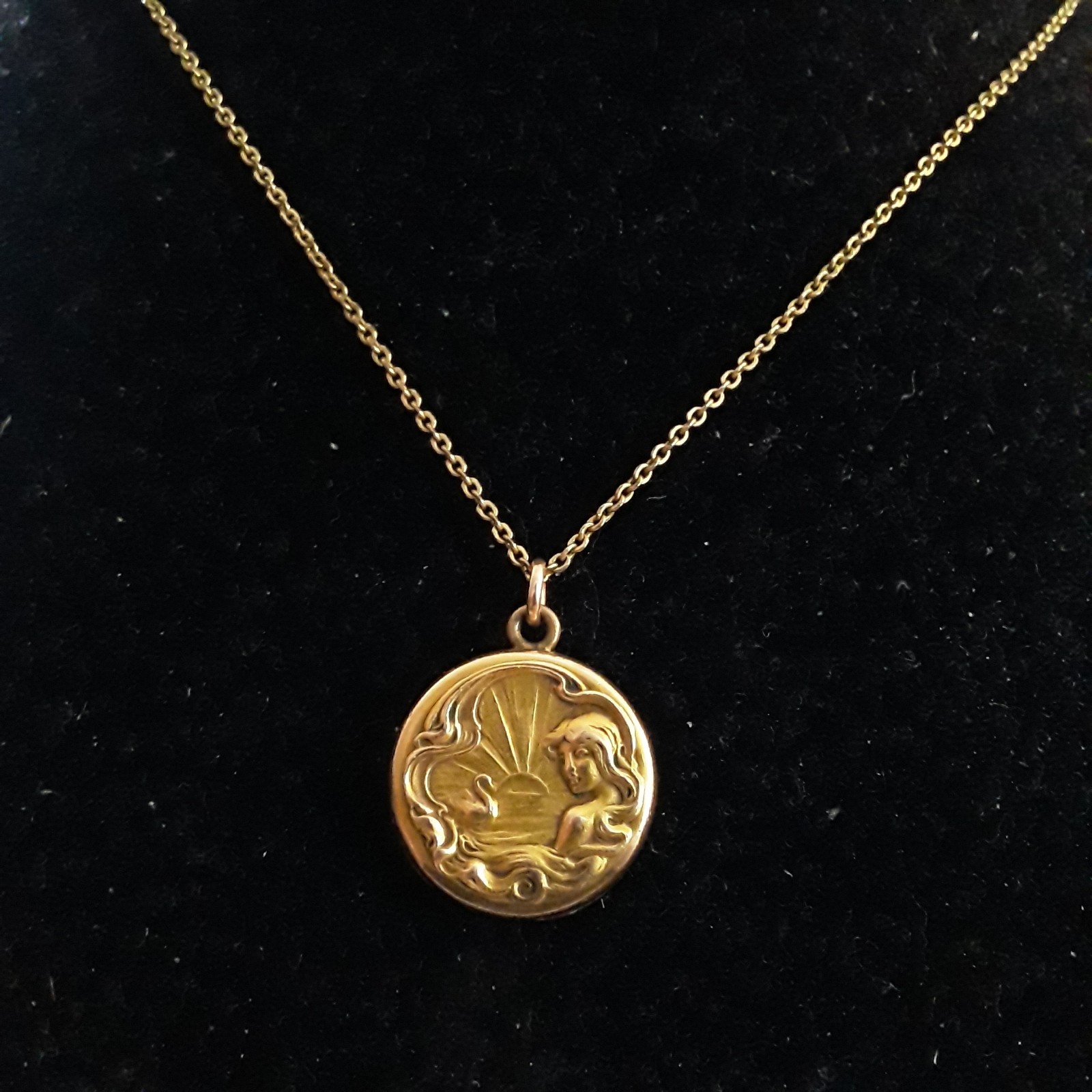 Art Nouveau Lady Locket Pendant & Chain Goddess Swan Rising Sun Gold Filled C&QR