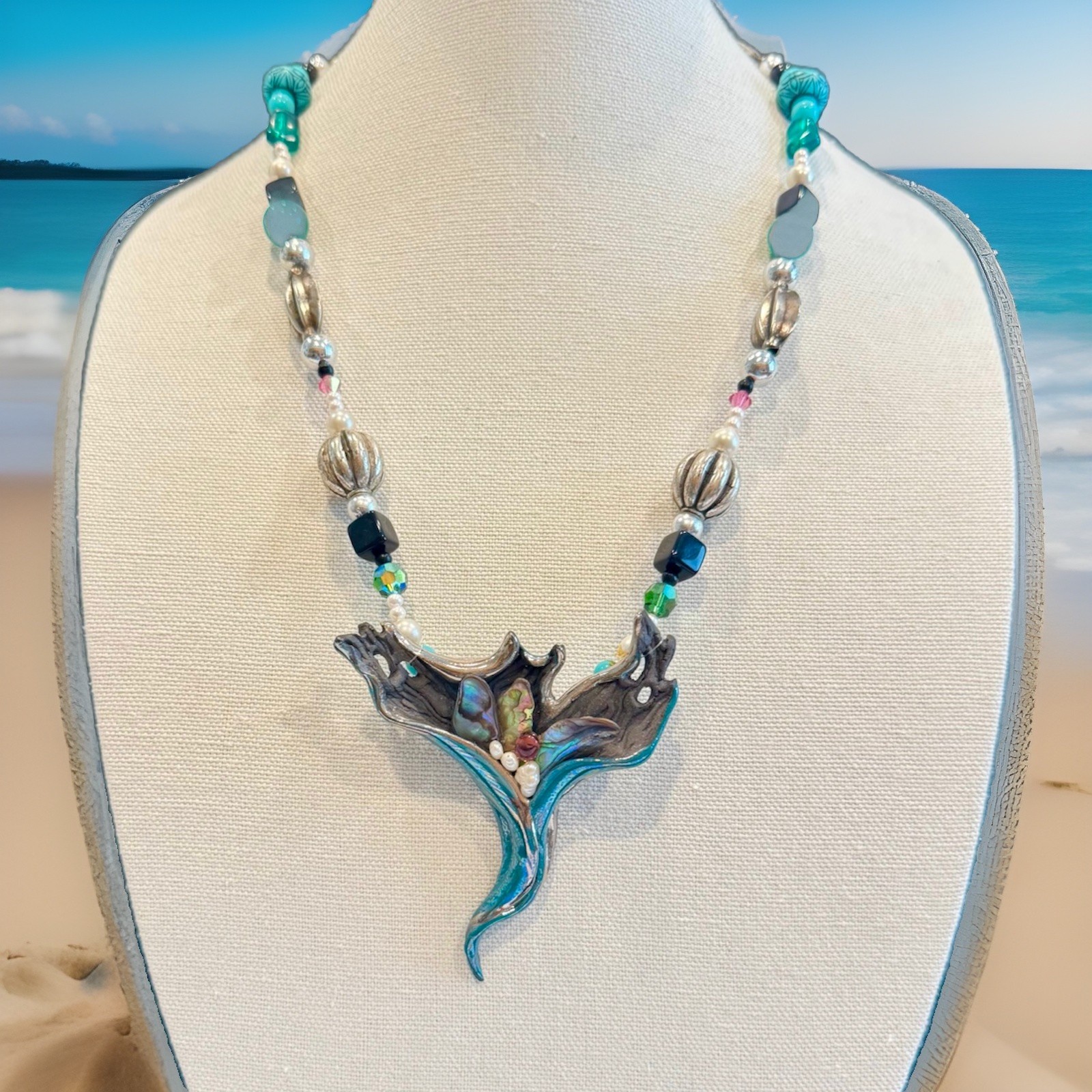 VTG Original by Mitchell Sculptural Necklace Amethyst Iridescent Turquoise OOAK