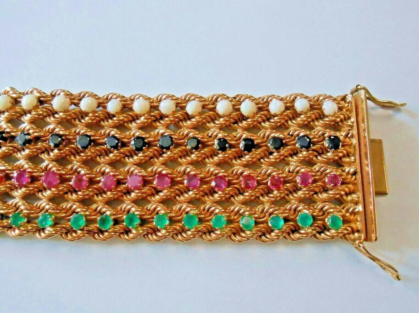 14K Yellow Gold Emerald Ruby Sapphire Opal Multi Strand Wide Bracelet 76 Grams