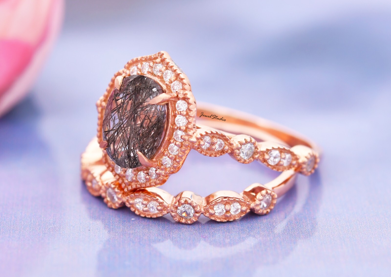 2PCS Black Rutile Ring Engagement band Ring Bridal Ring Black Diamond Ring Gifts
