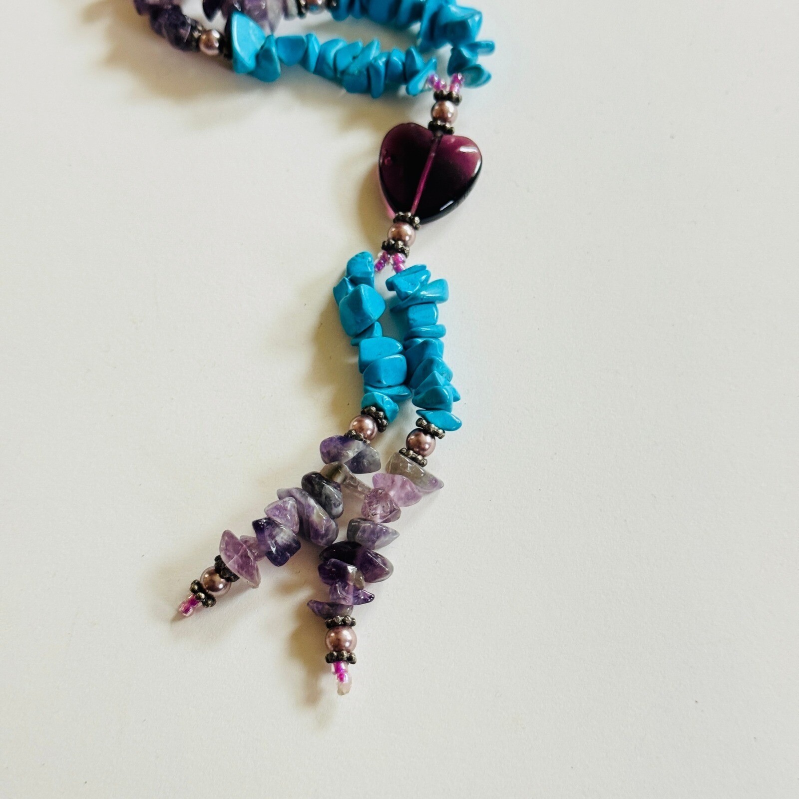 South Western Heart Boho Necklace VTG Blue Turquoise purple Amethyst Beads 21″