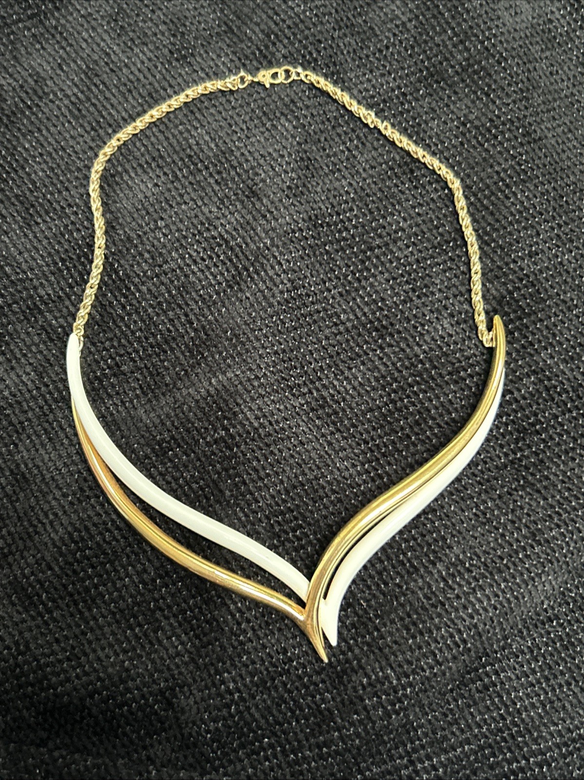 Vintage Monet Double V Neck Swirl Choker Necklace Two Tone Gold Off White Signed