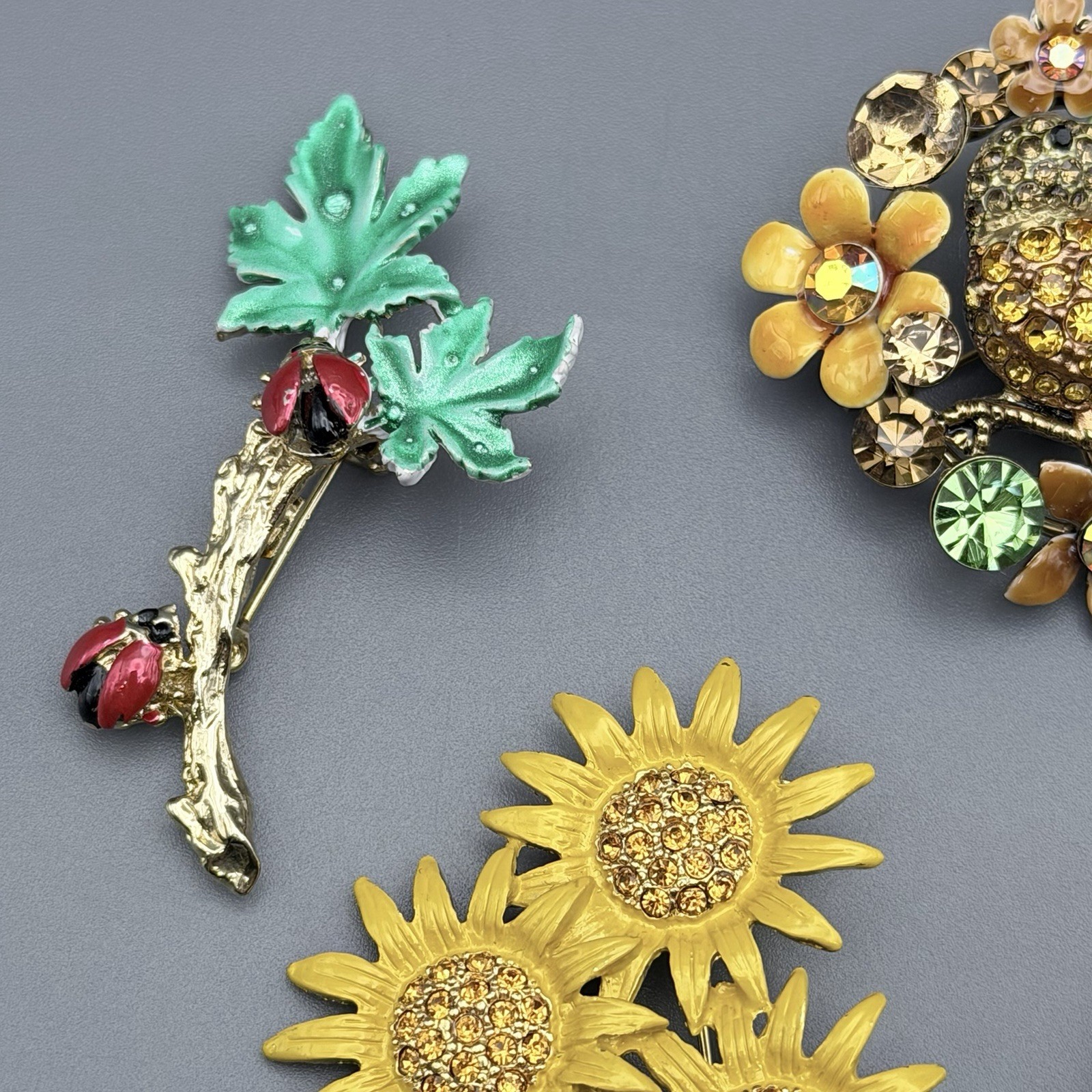 Gardening Brooch Lot Of 4 Sunflowers Birdhouse Rhinestones Enameled Gold Tone