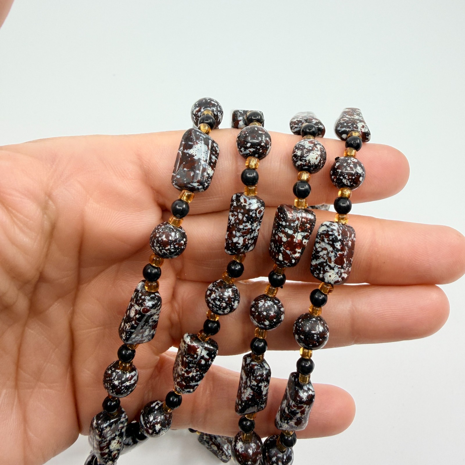Vintage Brown White Mottled Bead Multi Strand Necklace Chunky Statement Boho Art