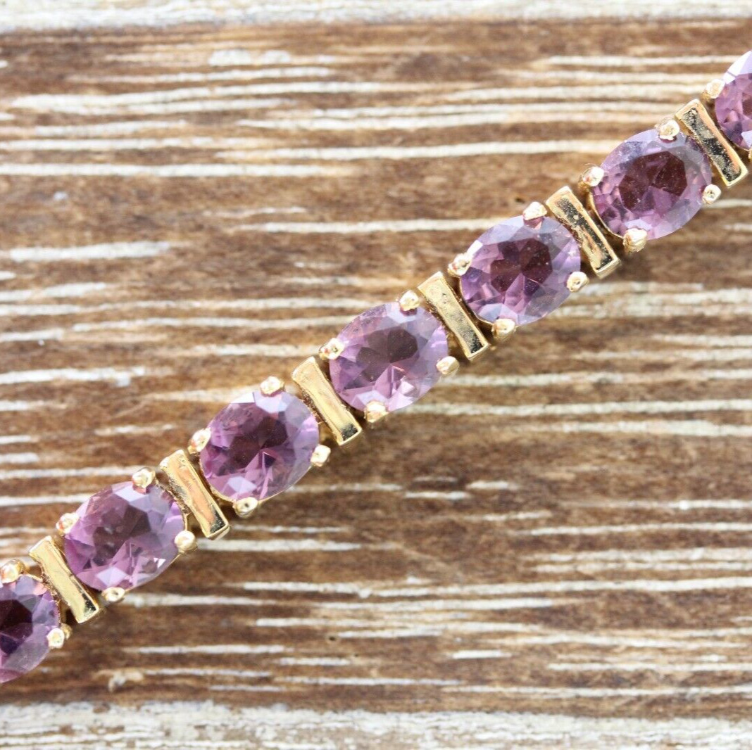 VINTAGE PURPLE STERLING SILVER 925 TENNIS BRACELET 7.25″ STACK GOLD PLATED