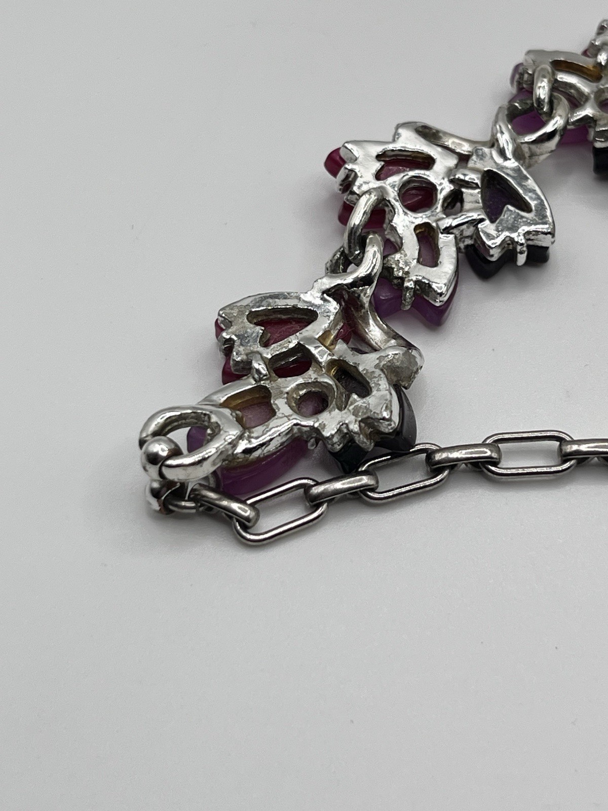 Vintage Purple Pink Fuscia Thermoset Choker Necklace Silver Tone Dainty 14-15”