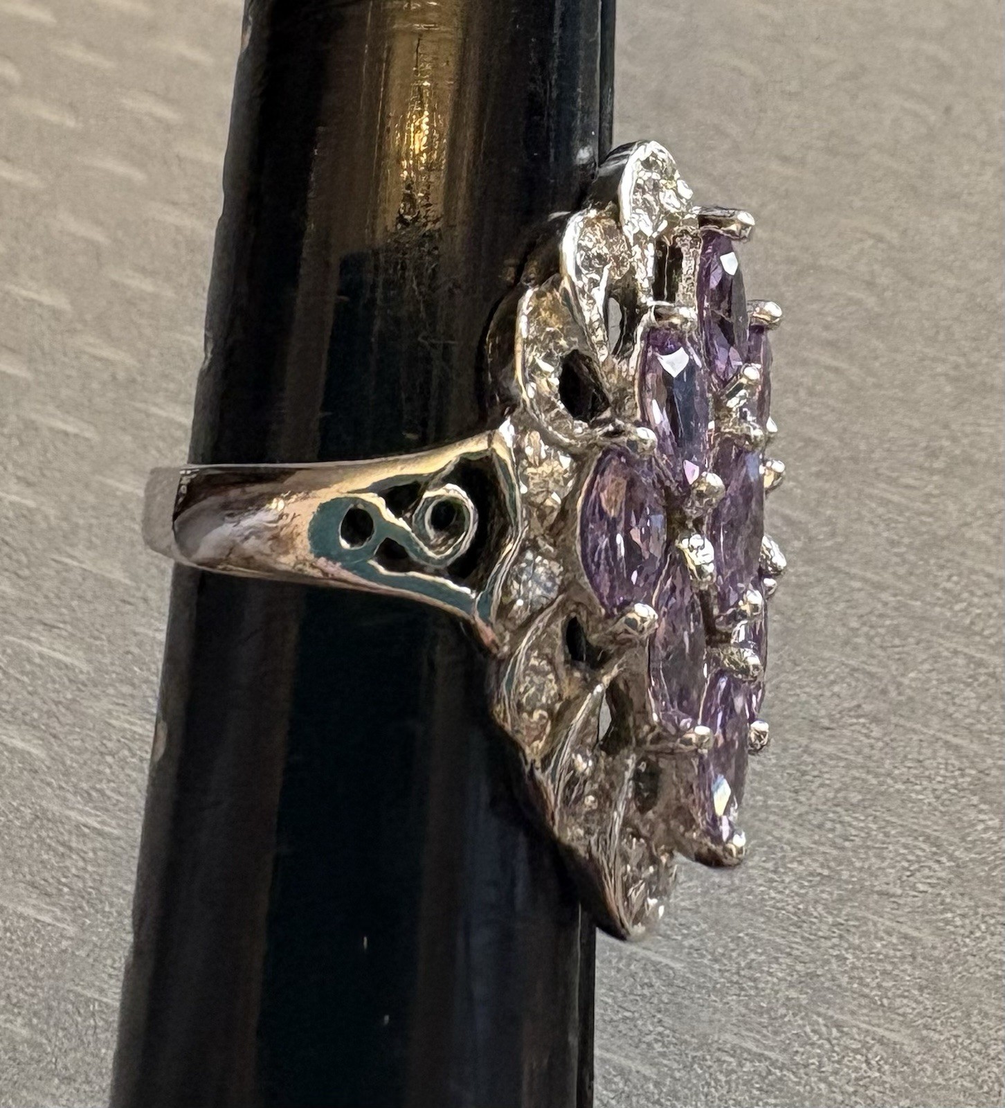Vintage Sterling Silver Lavender Amethyst Marquise Gem Cluster Ring 925 size 6.5