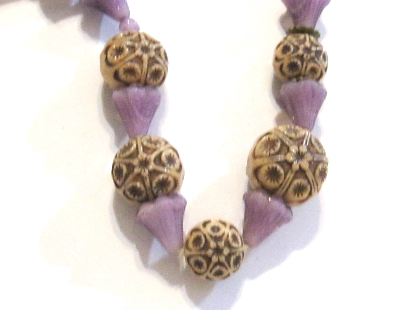 NEIGER BROS ANTIQUE ART DECO CZECH GLASS BEAD NECKLACE RARE PURPLE TAN FLORAL