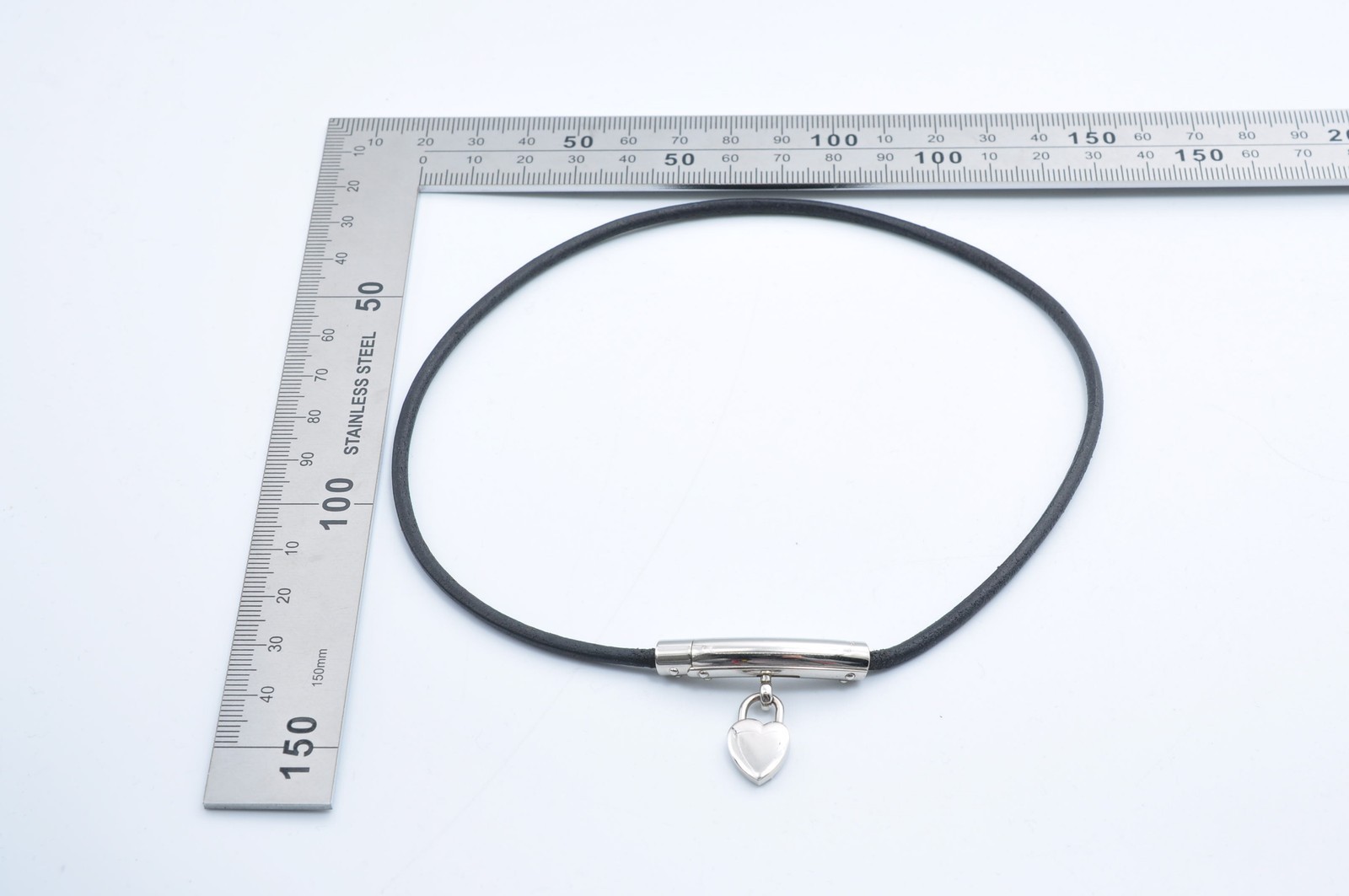 HERMES Heart & Key Pendant Choker Black Leather Cord Silver Tone 11737