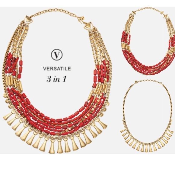 STELLA & DOT Bliss Necklace Convertible 3 in 1 Multi Strand Coral Gold Tone 20″