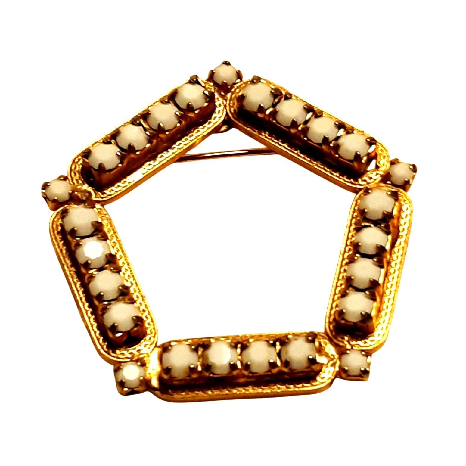 Vintage Gold-Tone Hexagonal Brooch With White Beaded Accents & Safety Clasp