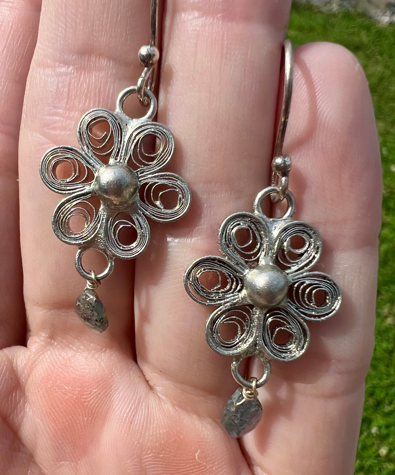 Ornate Vintage Style Filigree Aquamarine Flower Dangle Earrings Sterling Silver