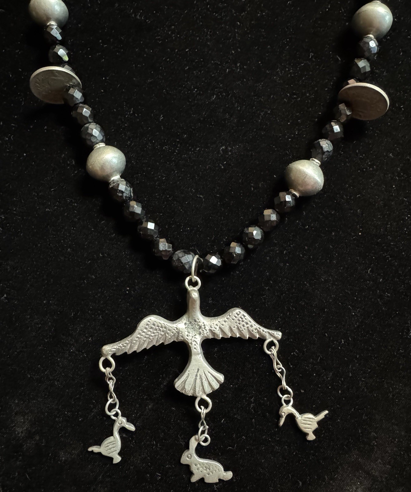 Antique Silver Cross Milagro Charm Necklace, Guatemalan Coins, Black Jet Beads