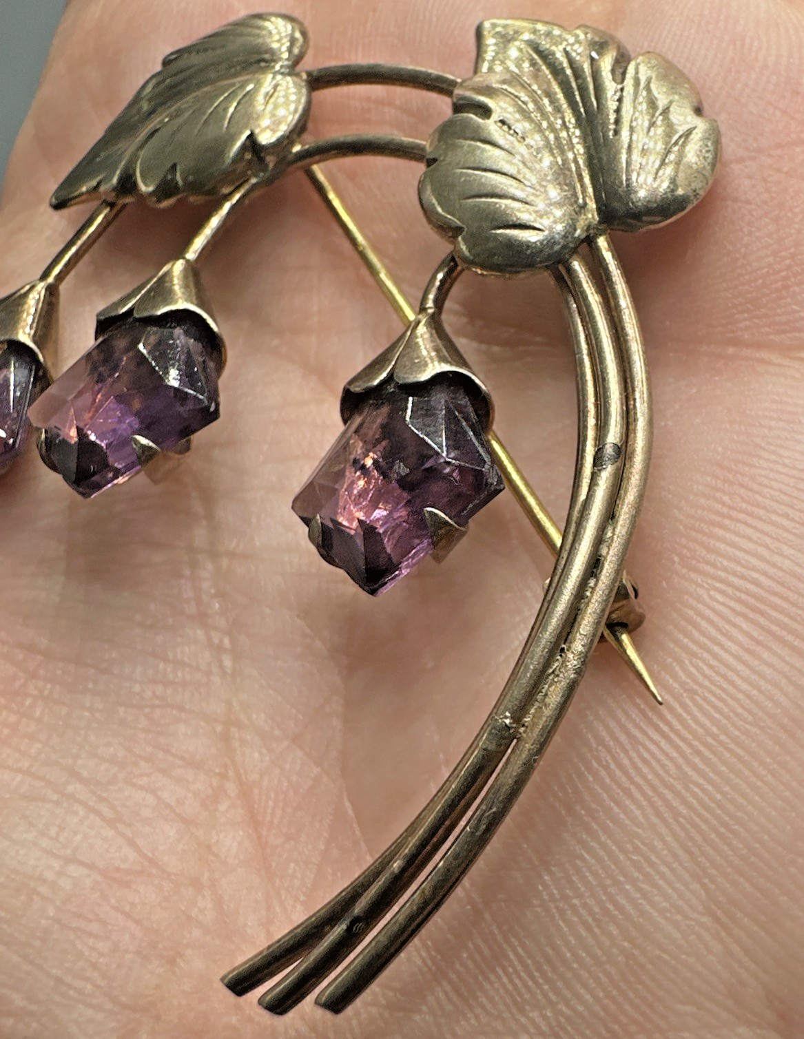 Vtg Sterling Silver Gold Vermeil Purple Rhinestone Flower Brooch & Earrings Set