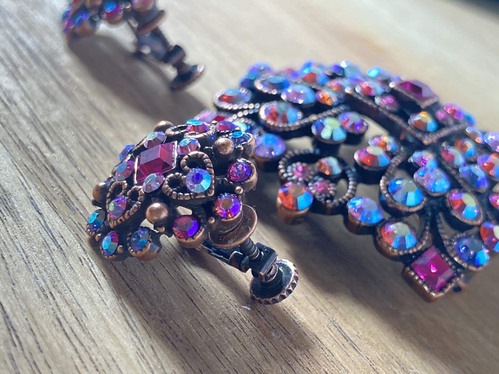 Joan Rivers Signed Square Bronze Magenta Blue Pink Rhinestone Brooch Earrings