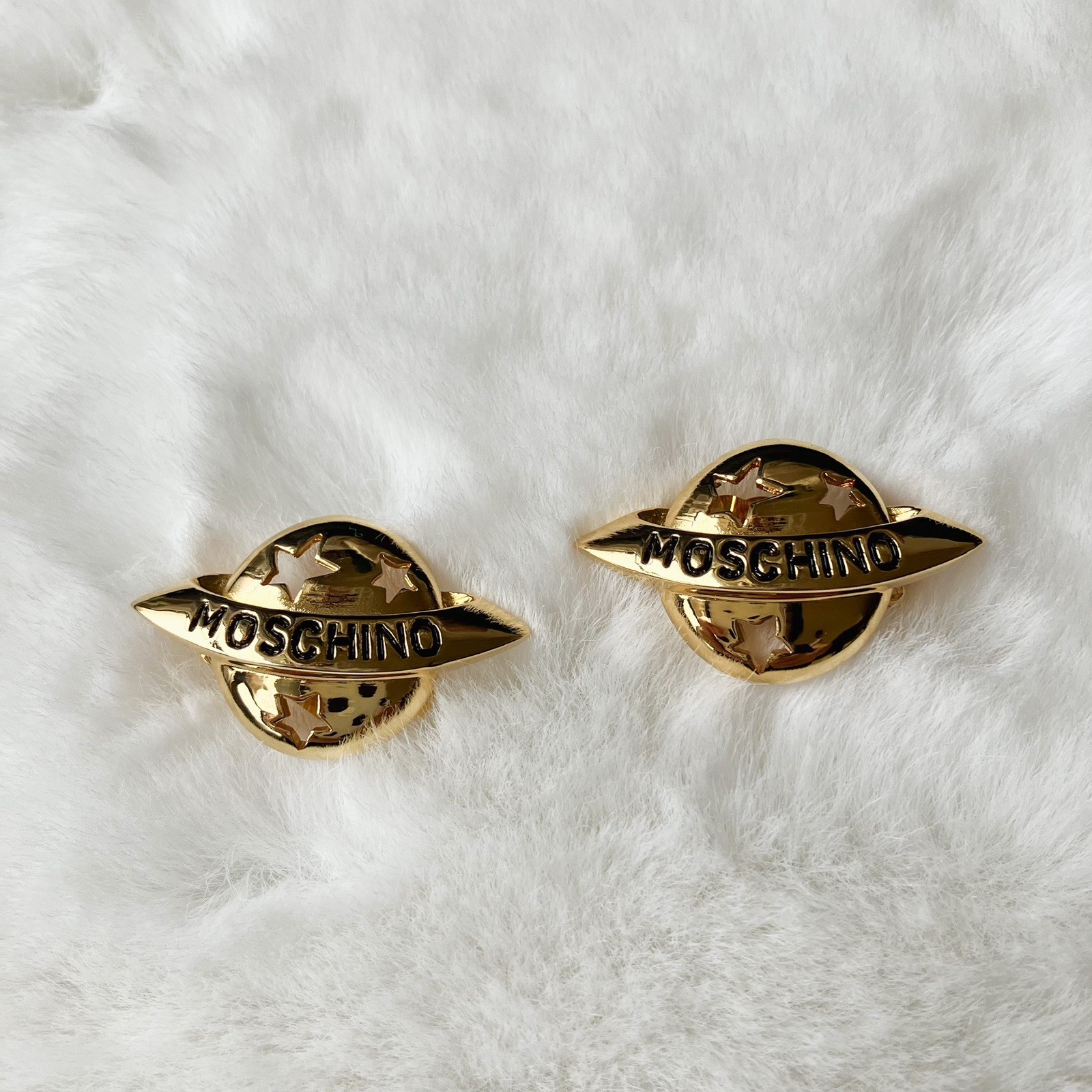 vintage Moschino Logo Planet Saturn Clip On earrings Gold Tone Japan exclusive