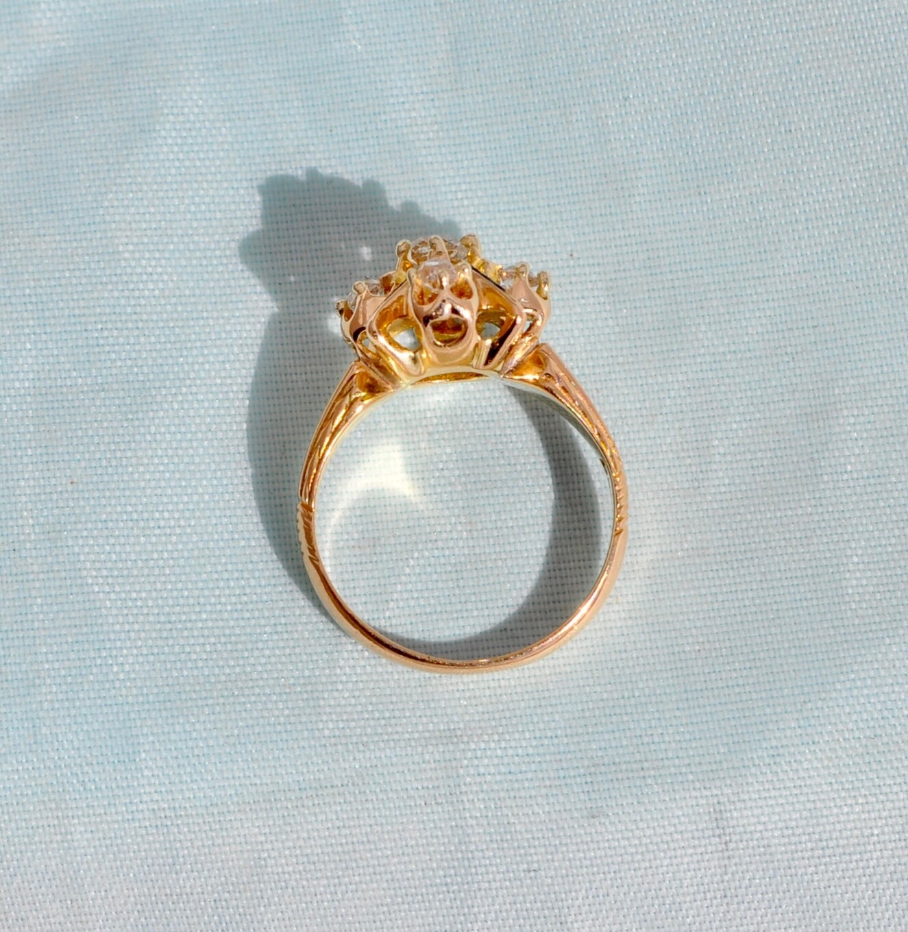 Old Antique Victorian 18K Solid Gold Old Mine Cut Diamond Ring Engraved Cluster