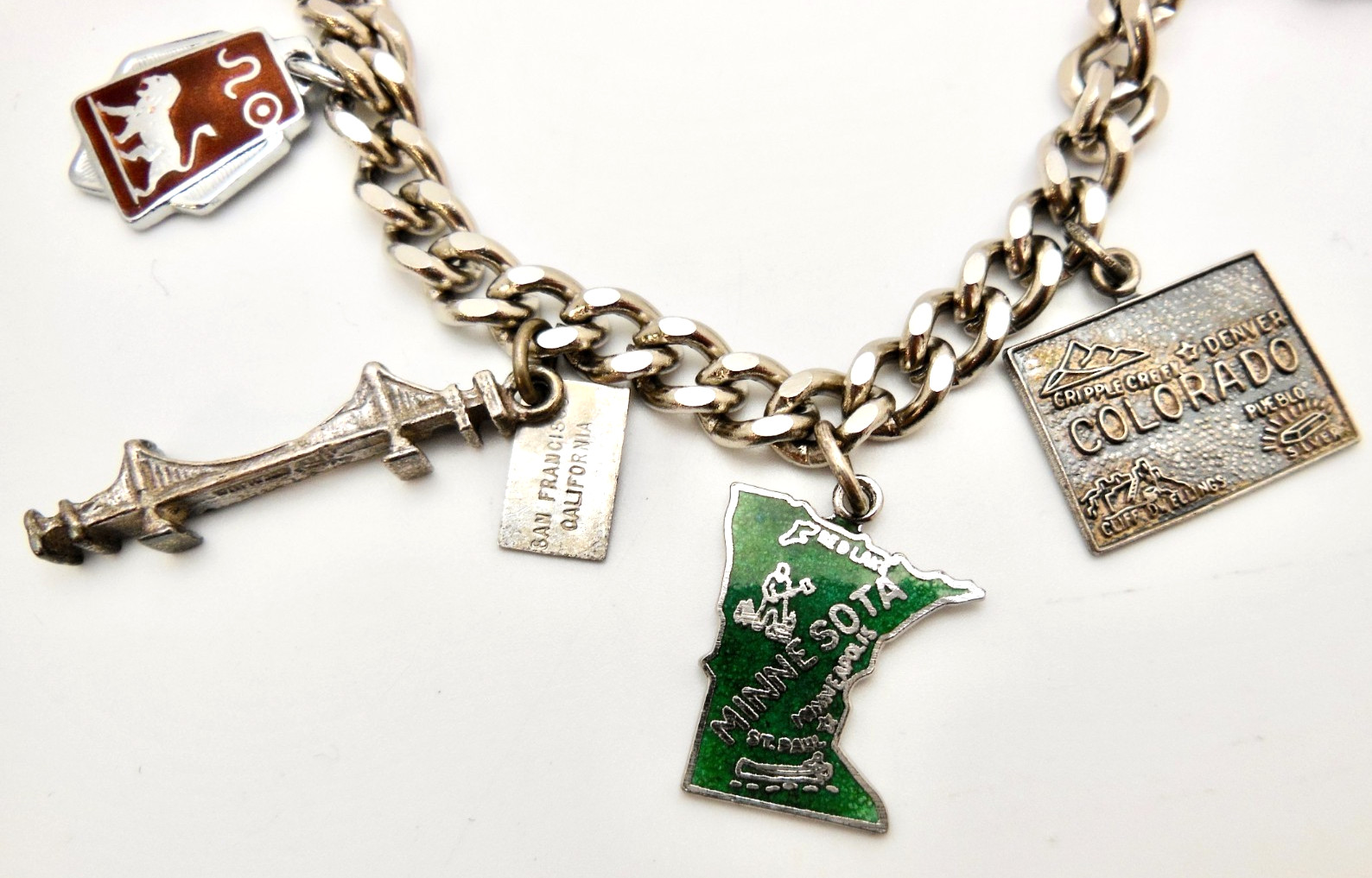 Vintage Sterling Silver State Travel Souvenir Charms 6.5″ Bracelet 28g