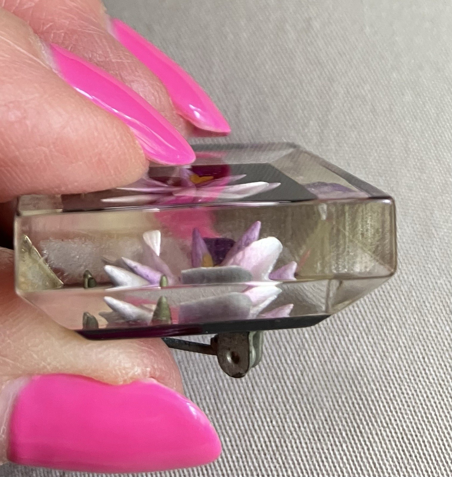 Vintage Reverse LUCITE Carved Purple ORCHID Pin Brooch Clear Floral