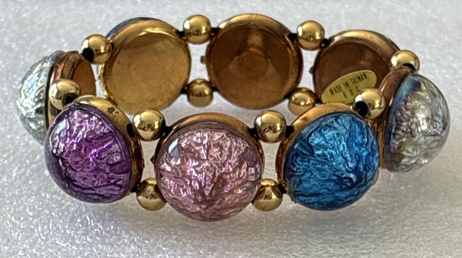 Vintage Plastic Foil Cabochon Stretch Bracelet Costume Jewelry Faux Gems NOS