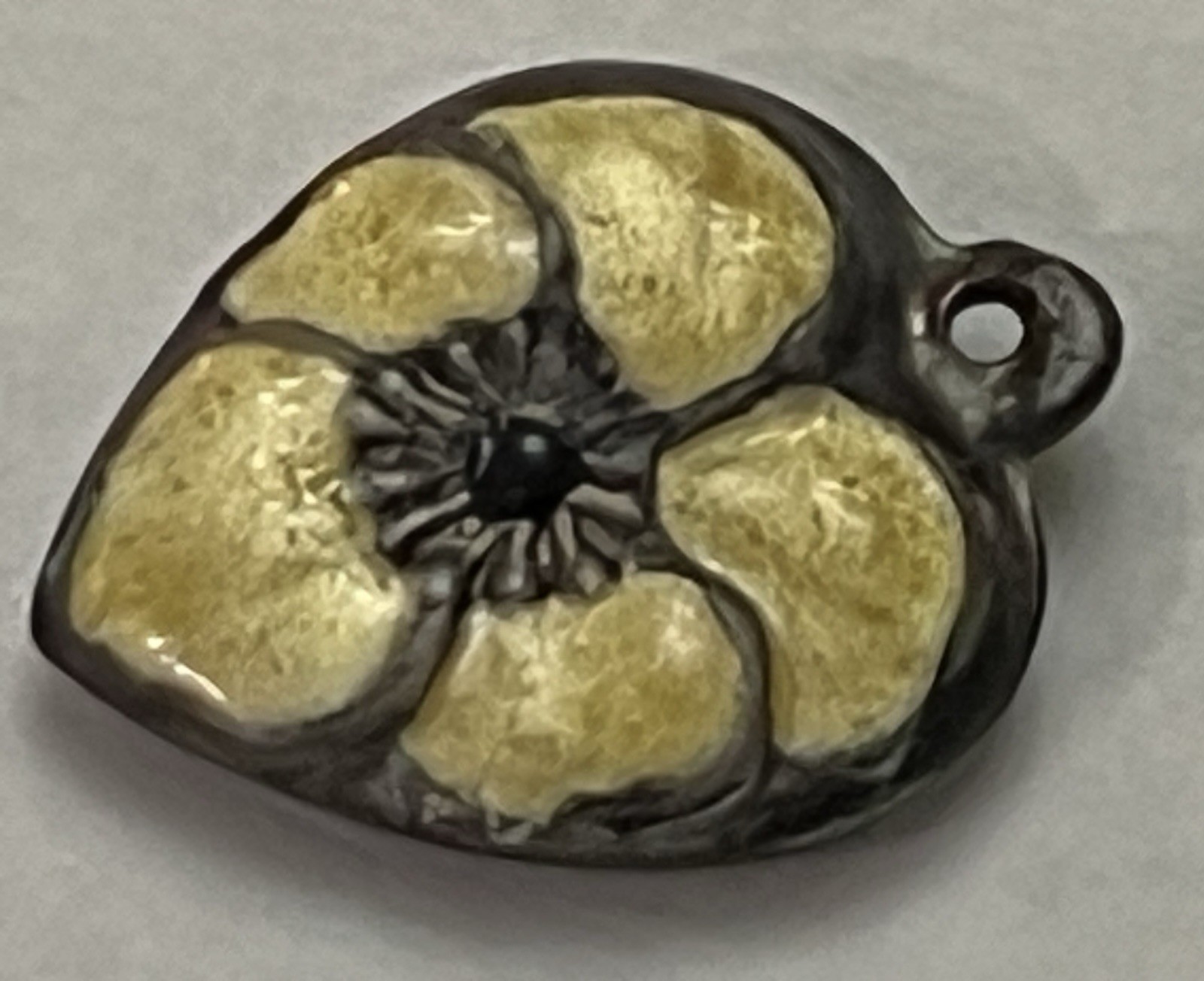 Sterling Silver Heart Flower Charm Puffy Enamel Pansy 925 Vintage Stamped Yellow