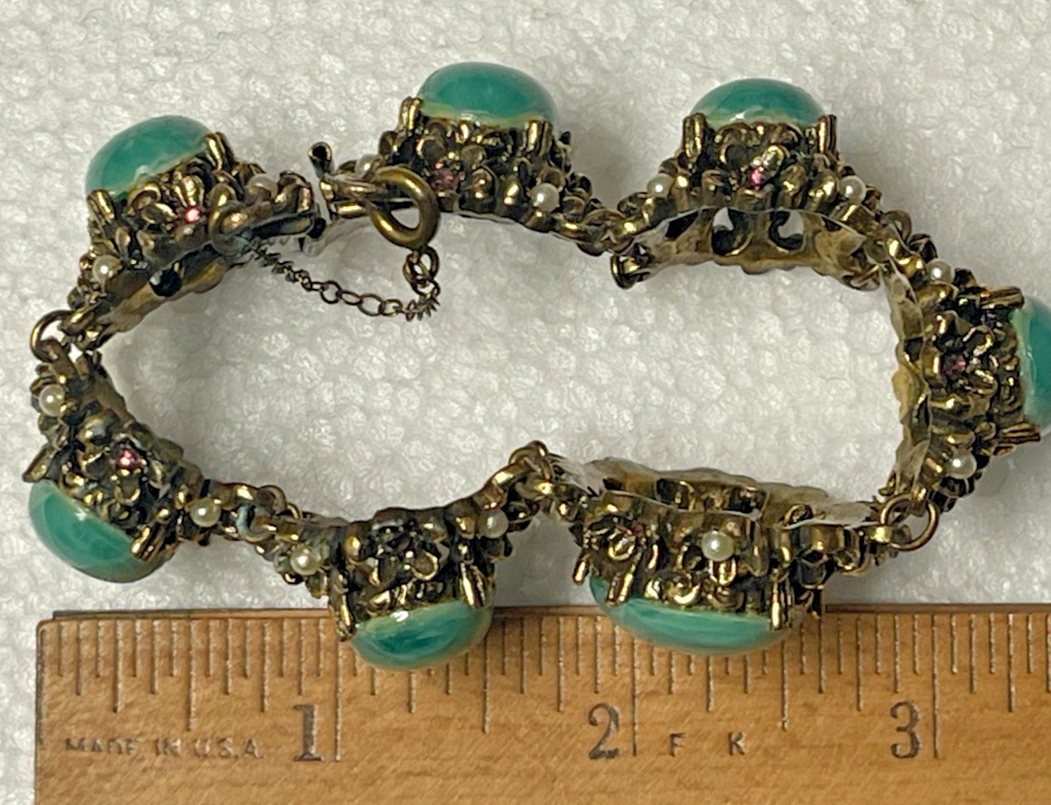 Vintage Selro or Selini Teal Green Faux Pearl Cabochon Chunky Link Bracelet