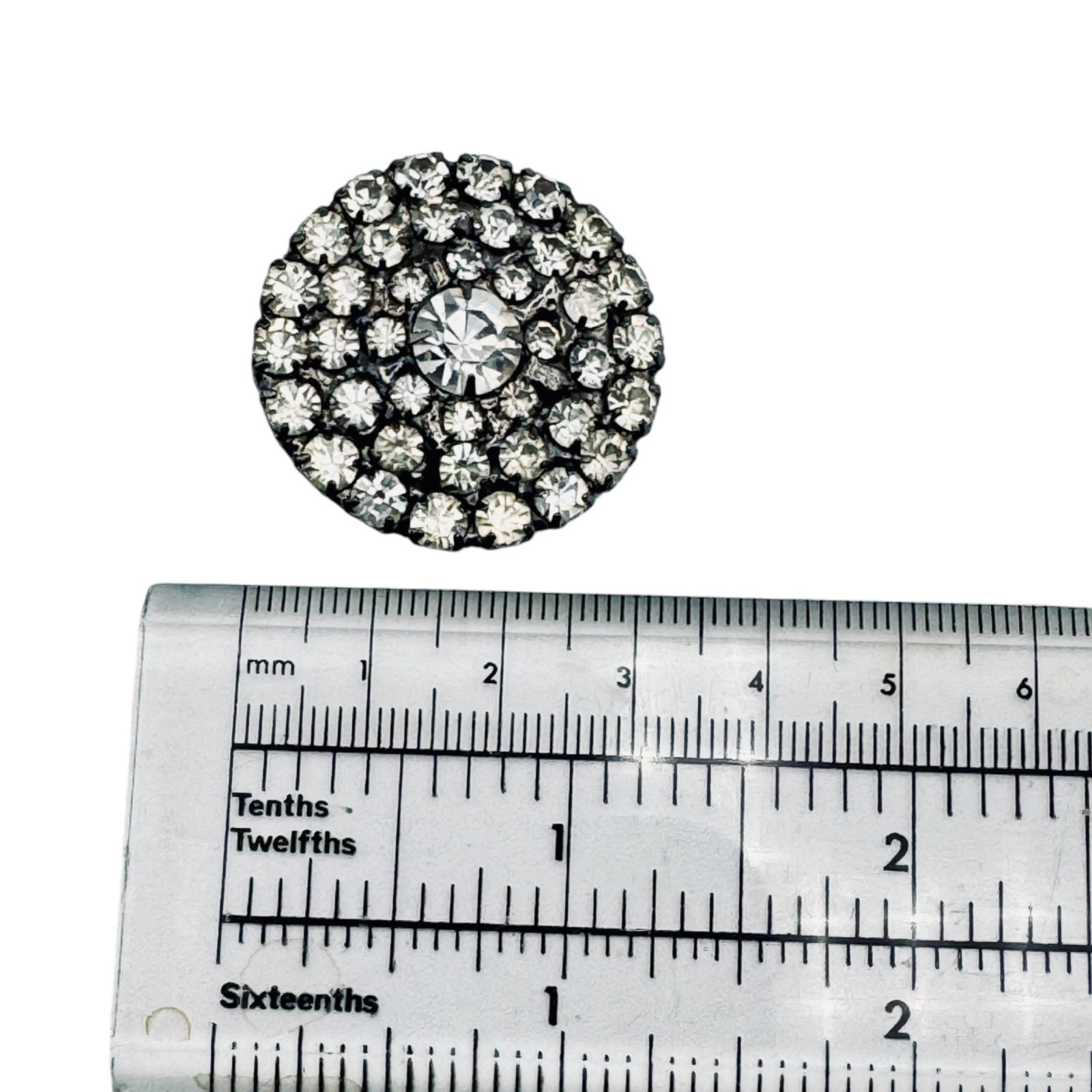Vintage Rhinestone Brooch Japanned 1940s Dome Cluster Clear Prong Set Retro Glam