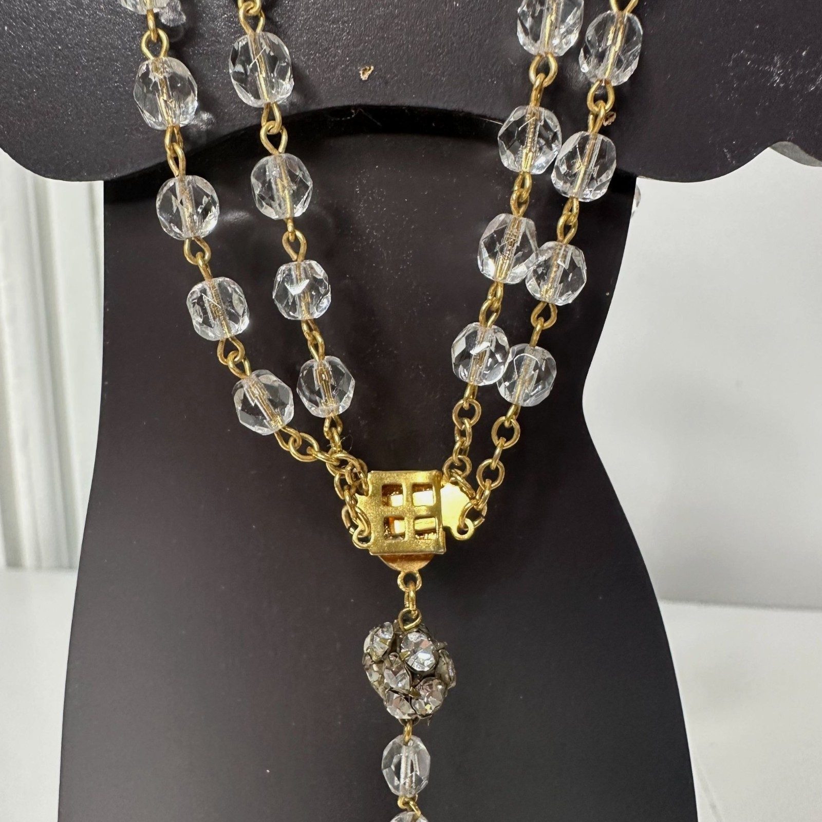 VTG Double Strand Crystal Bead Rosary Bracelet Necklace Cross Pendant Gold Tone