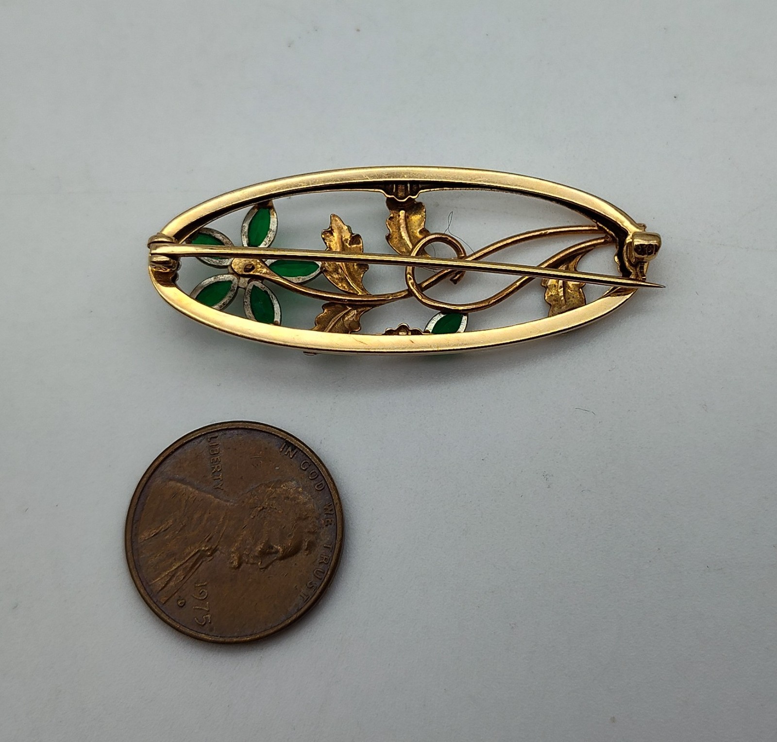Vintage Flower Pearl Aqua Stone 10K Yellow Gold Green Enamel Brooch Pin Lapel