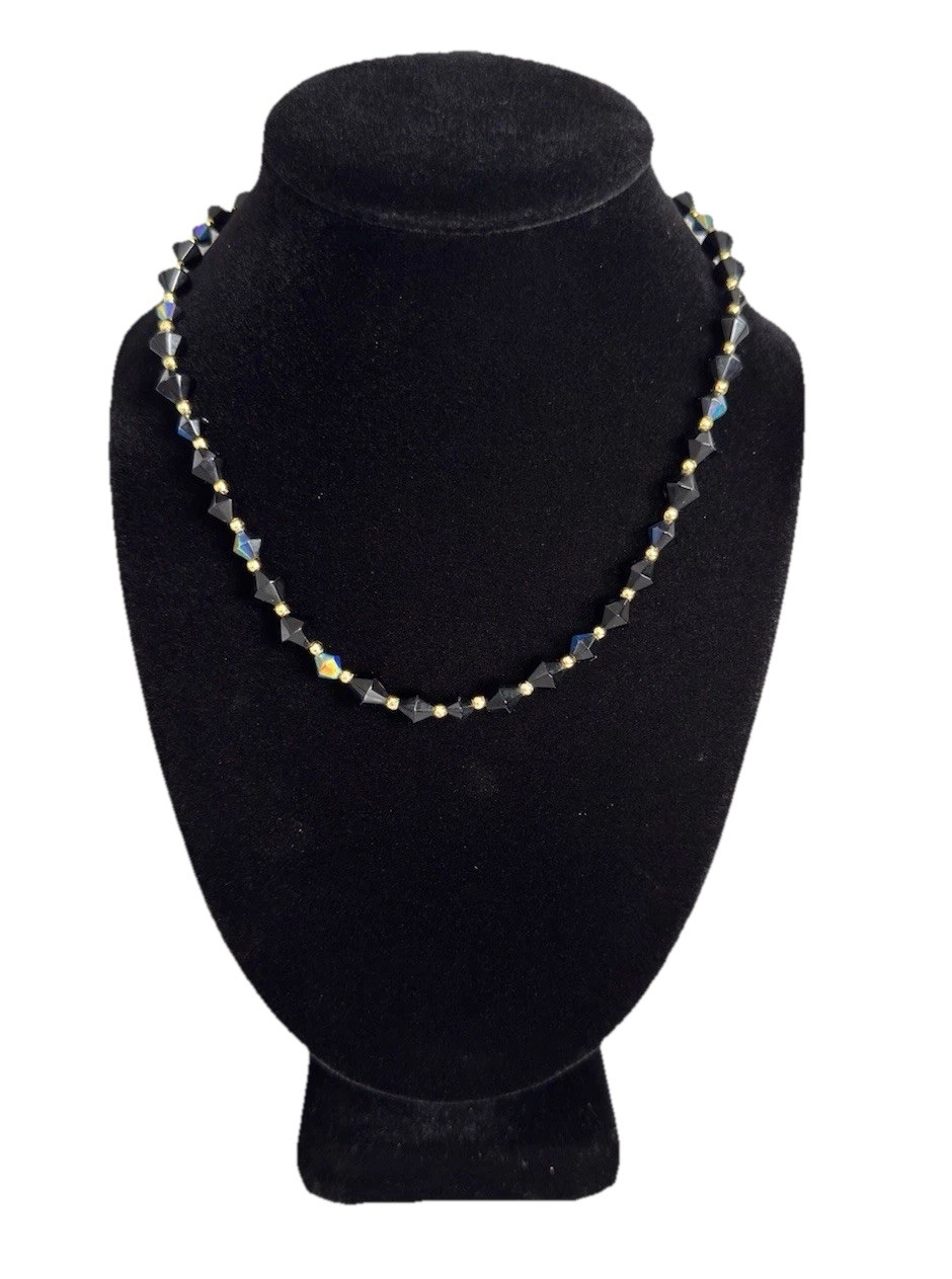 Vintage Bicone Cut Black Aurora Borealis Crystal Bead Gold Tone Accent Necklace